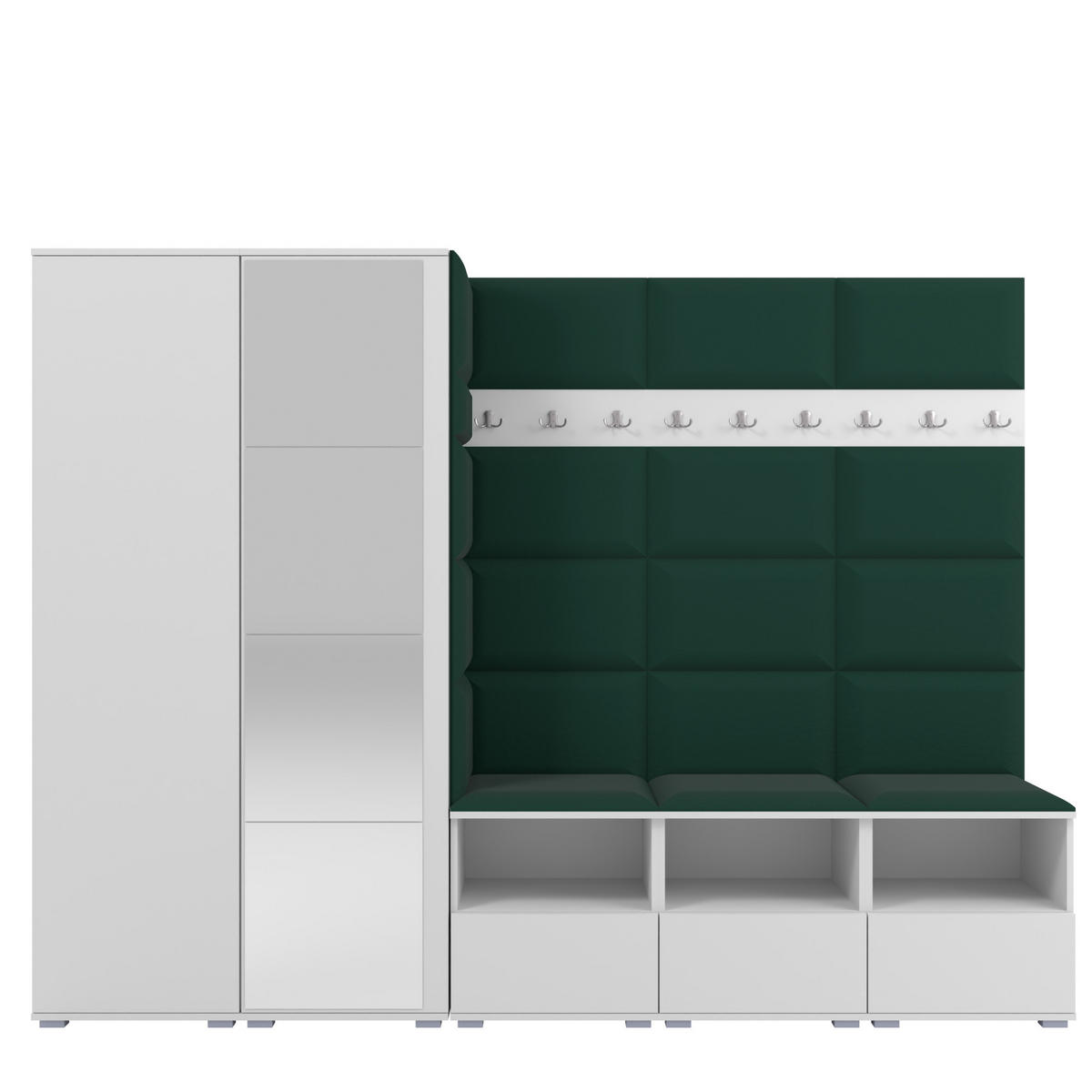 GARDEROBE NELA VII 250 cm (Modulare Flurmöbel XL Weiß mit Spiegel & Sitzpolster Flaschengrün 28 Universell) - Dunkelgrün/Silberfarben, Holz/Holzwerkstoff (250/187/40cm) - Ravio