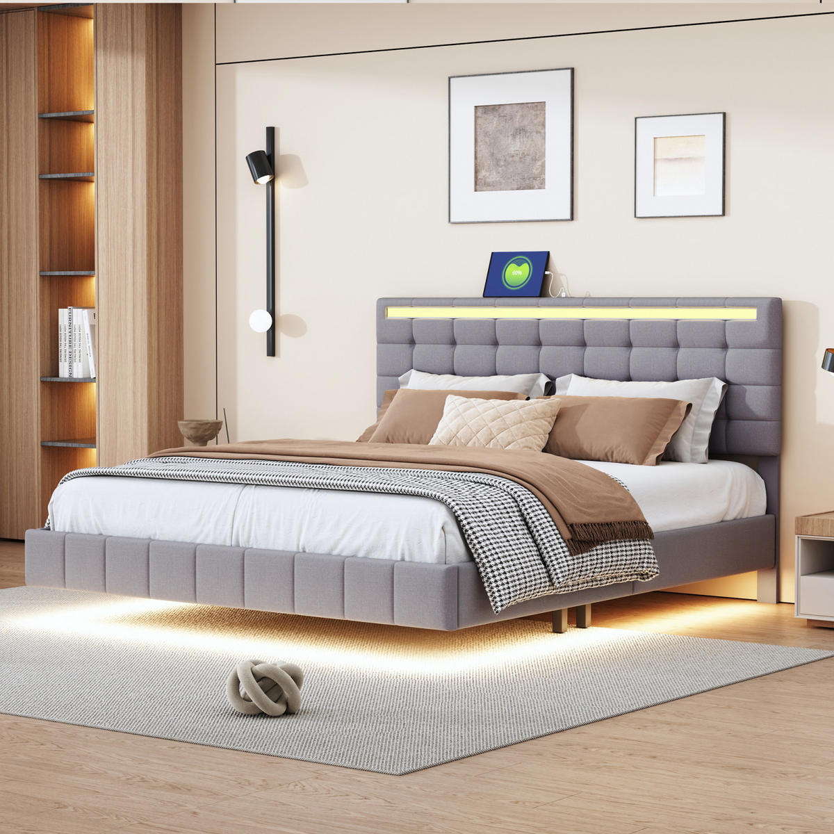 POLSTERBETT 160x200 cm, Grau, mit LED-Beleuchtung & USB - Grau, Textil/Metall (160/200cm)