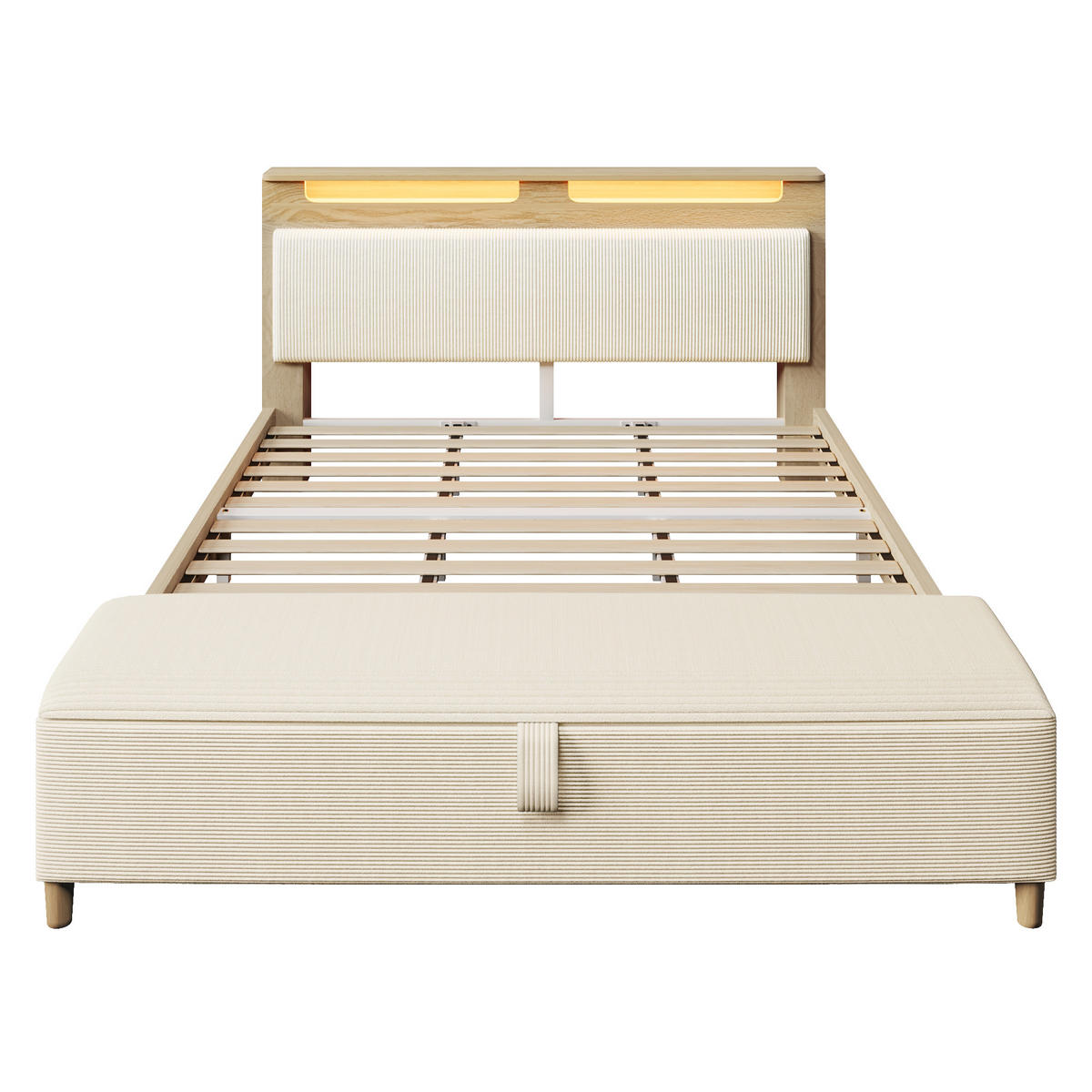 POLSTERBETT 180/200 cm Eichefarben und Beige mit Bettbank, Kopfteil mit Stauraum und LED-Beleuchtung - Beige, Textil (180/200cm) - Oxeza