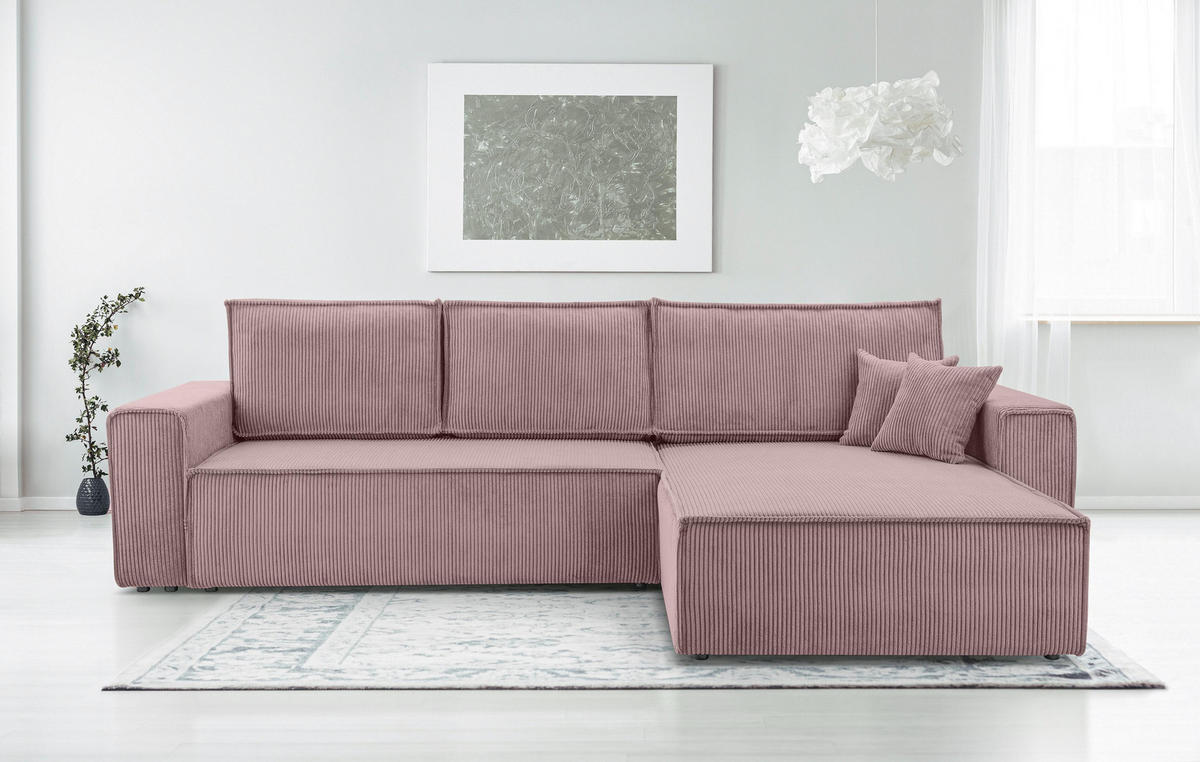 ECKSOFA L Form Cedria Lavendel 287/145/85 cm mit Schlaffunktion - Hellrosa/Schwarz, Kunststoff/Textil (287/145cm) - AX Living