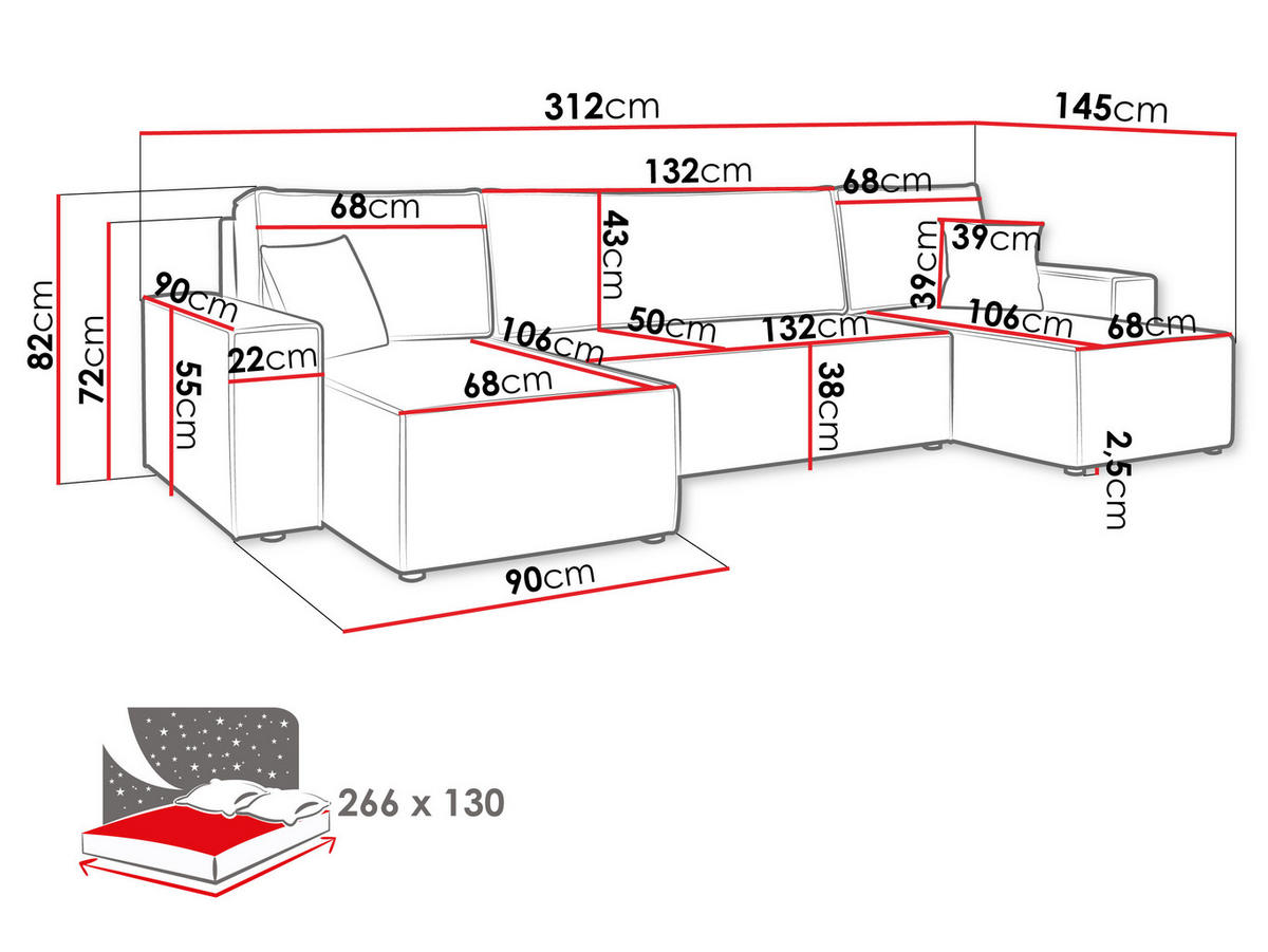 WOHNLANDSCHAFT Karl U - Schwarz/Braun, Holz/Kunststoff (312/82/145cm) - MIRJAN24