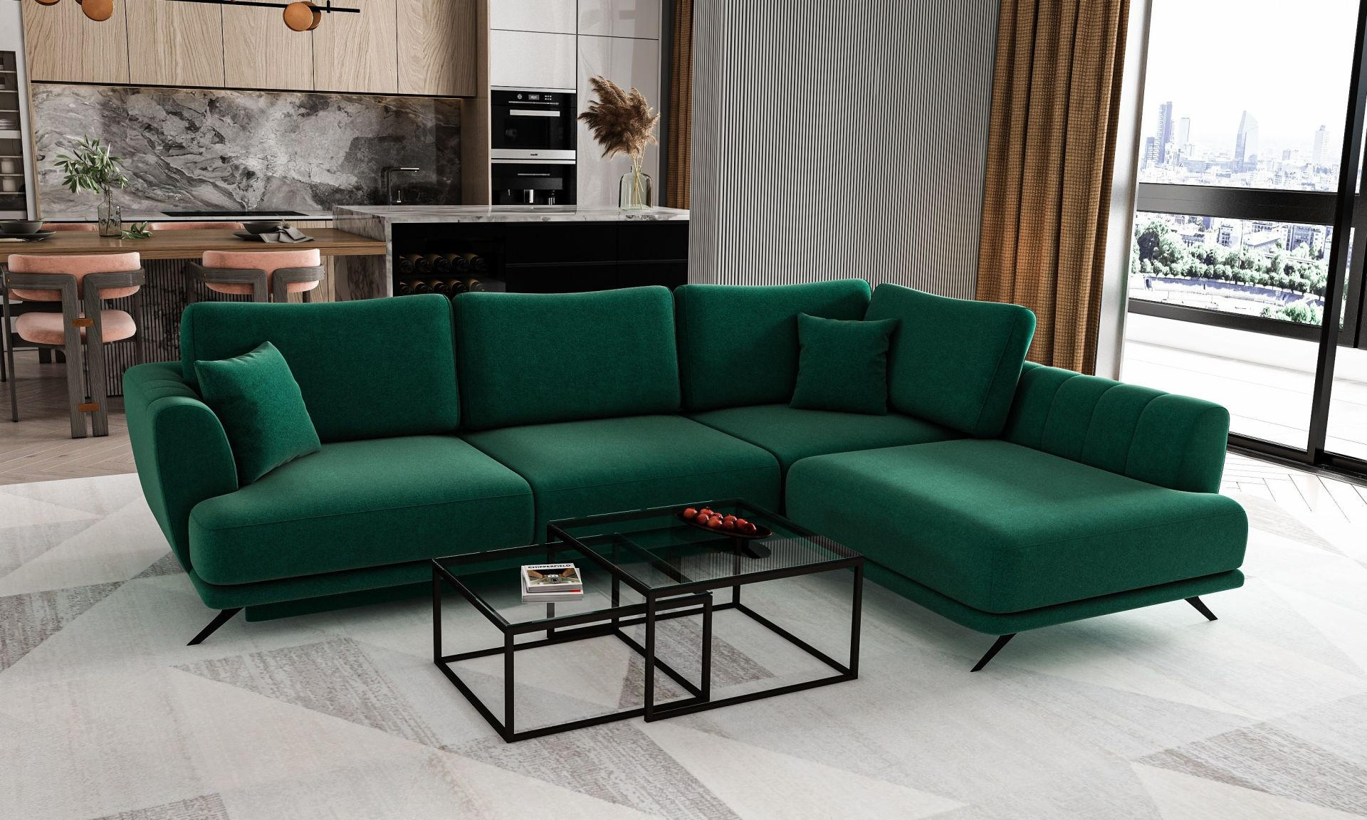 ECKSOFA mit Schlaffunktion und Bettkasten, Lukso-Stoff - Dunkelgrün/Schwarz, Textil/Metall (191/276cm) - Eltap