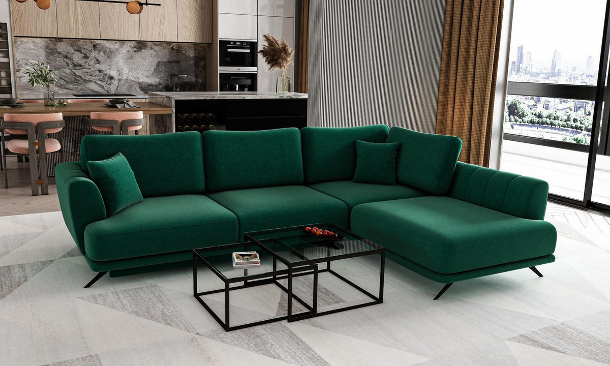ECKSOFA mit Schlaffunktion und Bettkasten, Lukso-Stoff - Dunkelgrün/Schwarz, Textil/Metall (191/276cm) - Eltap