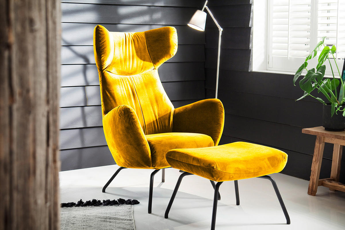 SESSEL MIT HOCKER LOTTE Gelb Velvet - Gelb/Schwarz, Textil (79/117/82cm) - KAWOLA