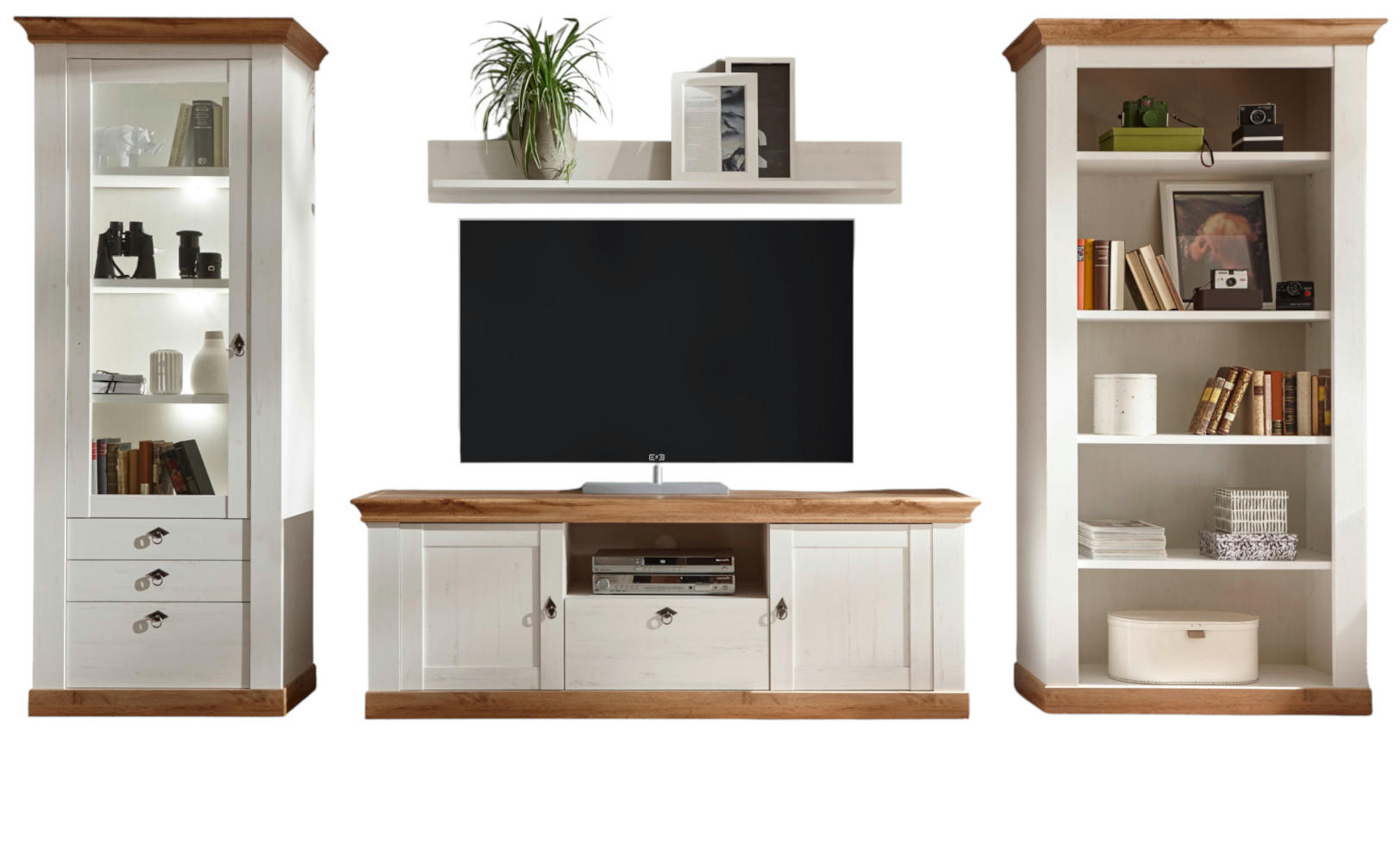 WOHNWAND weiß Pinie, Eiche 4-teilig 387 cm, Wohnkombination, viel Stauraum - Silberfarben/Eiche Wotan, Glas/Holzwerkstoff (387/204/52cm) - Furn.Design