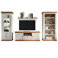 WOHNWAND weiß Pinie, Eiche 4-teilig 387 cm, Wohnkombination, viel Stauraum - Silberfarben/Eiche Wotan, Glas/Holzwerkstoff (387/204/52cm) - Furn.Design