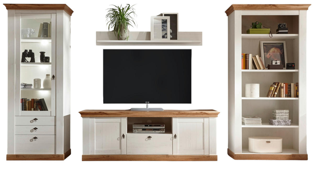 WOHNWAND weiß Pinie, Eiche 4-teilig 387 cm, Wohnkombination, viel Stauraum - Silberfarben/Eiche Wotan, Glas/Holzwerkstoff (387/204/52cm) - Furn.Design