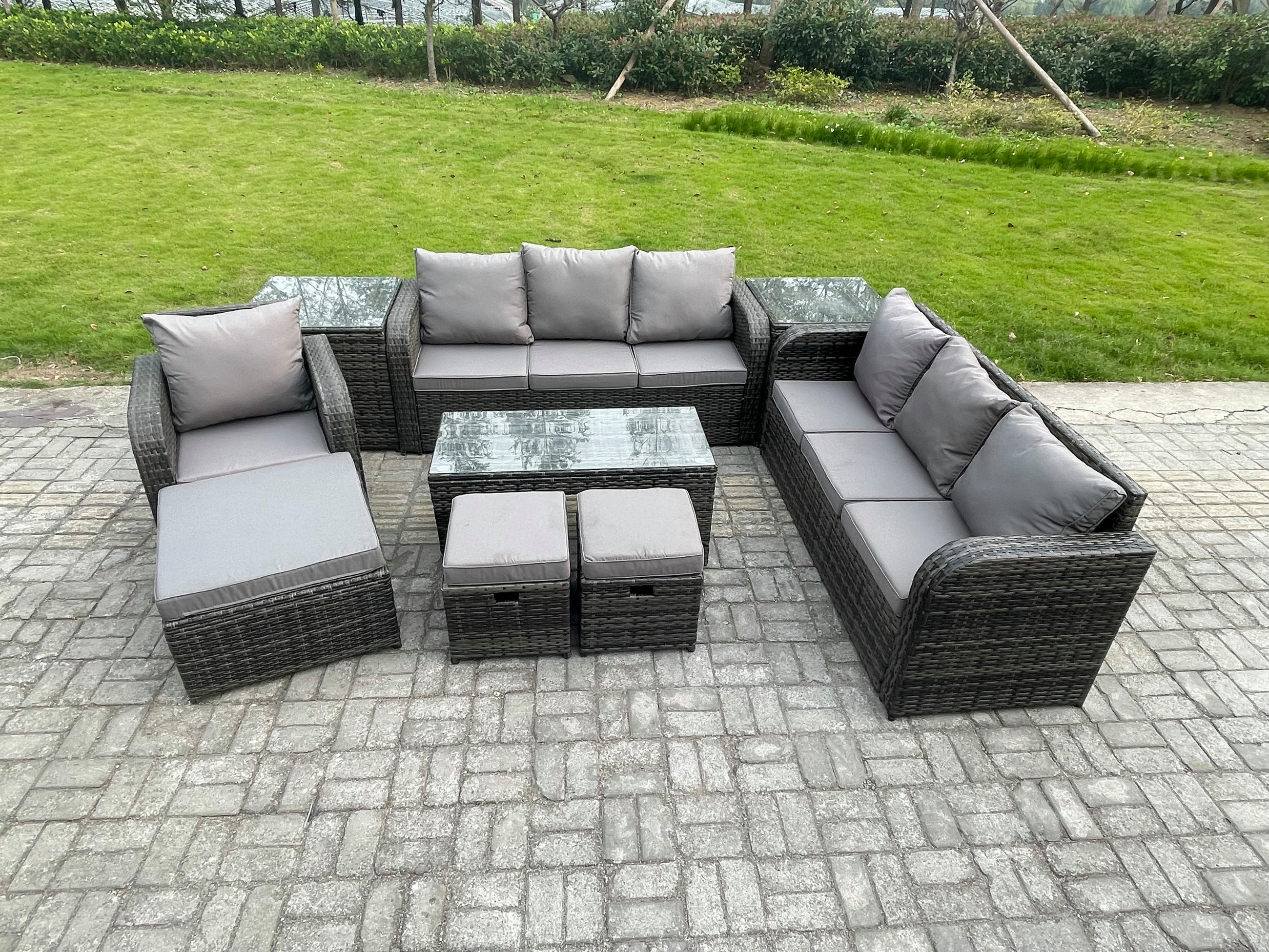 GARTENSOFA SET mit rechteckigem COUCHTISCH Polyrattan 10-Sitzer Dunkelgrau - Dunkelgrau/Grau, Glas/Kunststoff - Fimous