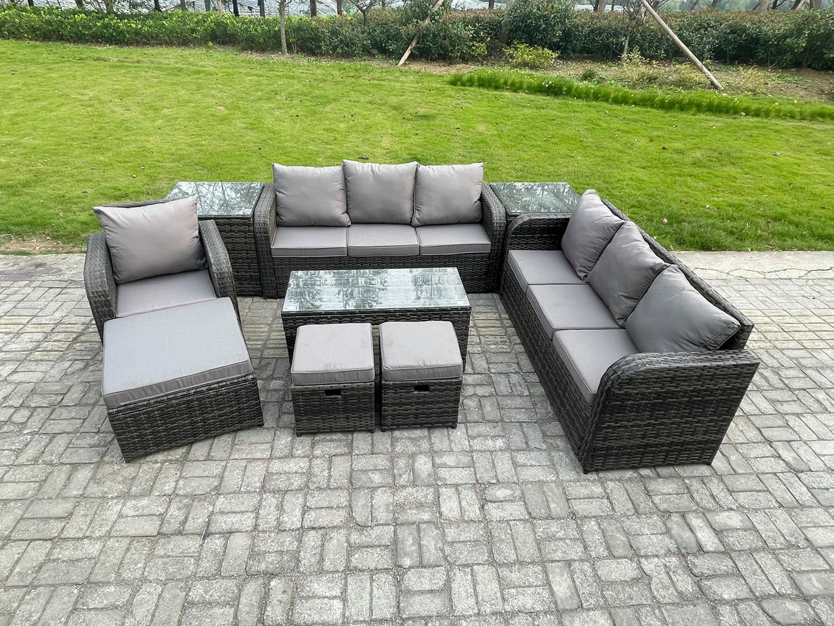 GARTENSOFA SET mit rechteckigem COUCHTISCH Polyrattan 10-Sitzer Dunkelgrau - Dunkelgrau/Grau, Glas/Kunststoff - Fimous
