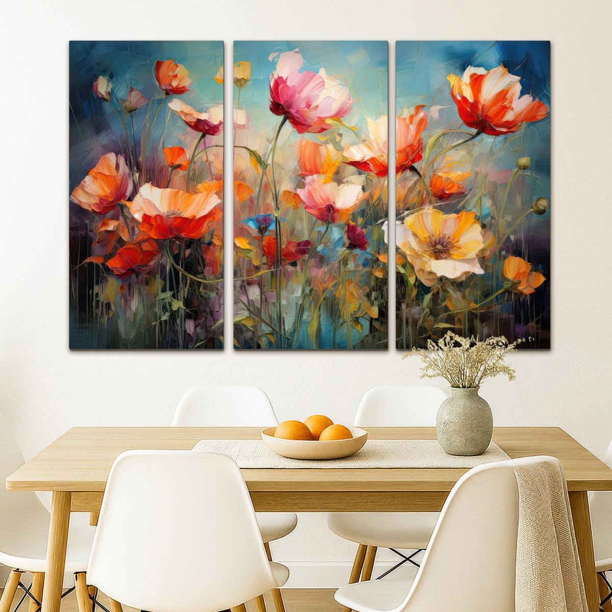LEINWANDBILD 3er Set Blumen - Bunt - Abstrakt 120x80 cm - Blaugrau, Textil (120/80cm) - MuchoWow