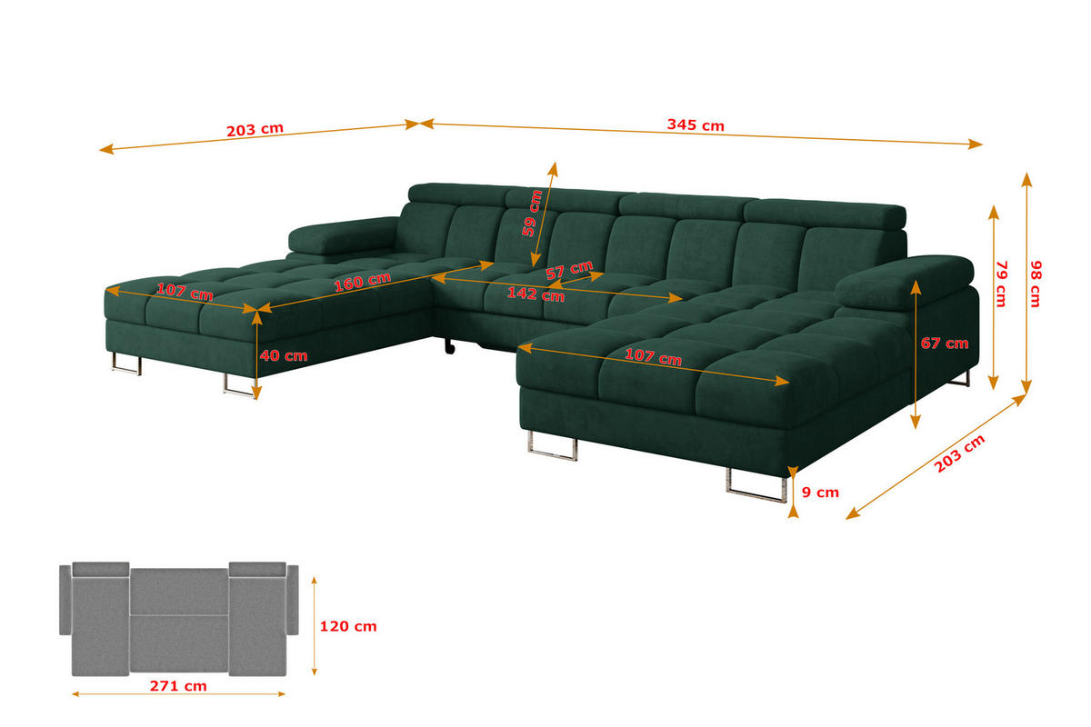 WOHNLANDSCHAFT mit Schlaffunktion und Bettkasten COMA U2 345x203x79 Grün Velours - Grün, Holzwerkstoff/Textil (345/79/203cm) - ALTDECOR