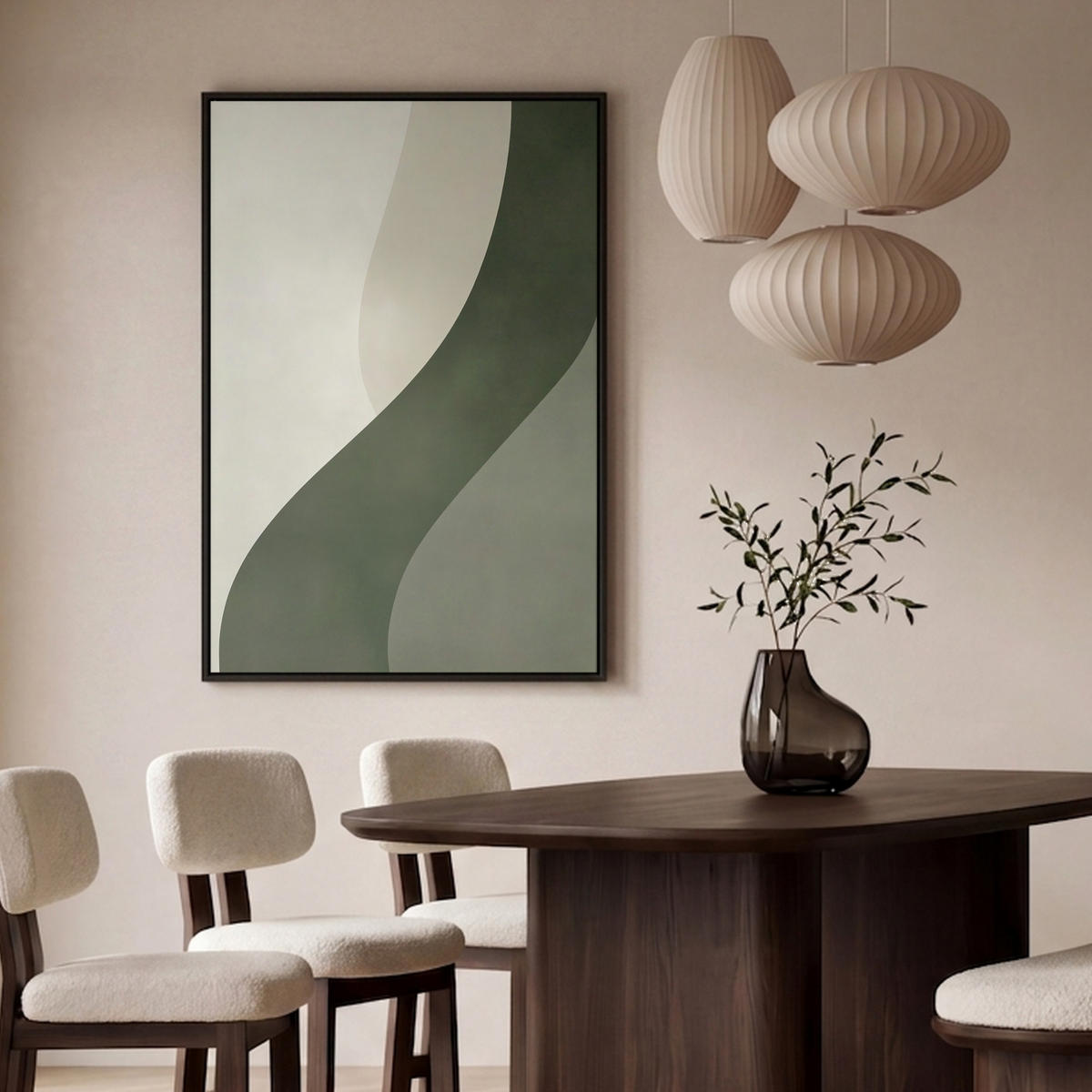 LEINWAND Bilder mit Rahmen - Japandi - Grün - Abstrakt - Modern - 90x140 - Salbeigrün, Textil (90/140cm) - MuchoWow