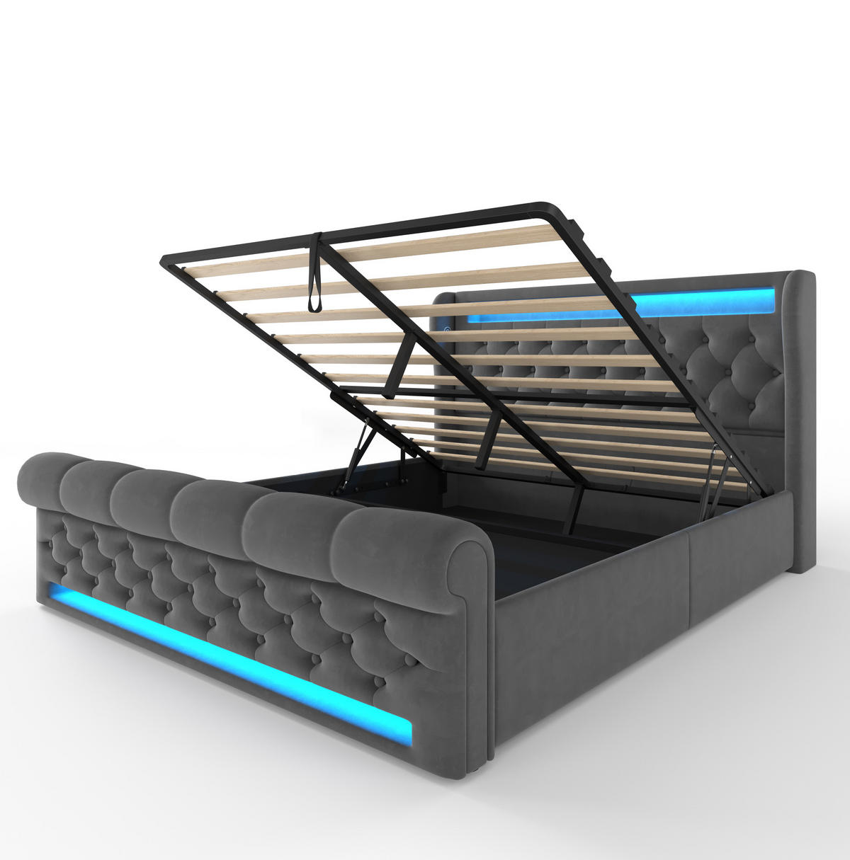 ČALOUNĚNÁ postel 140/190 cm šedá ze sametu s LED osvětlením, USB a úložným prostorem - šedá, textil (140/190cm) - OKWISH