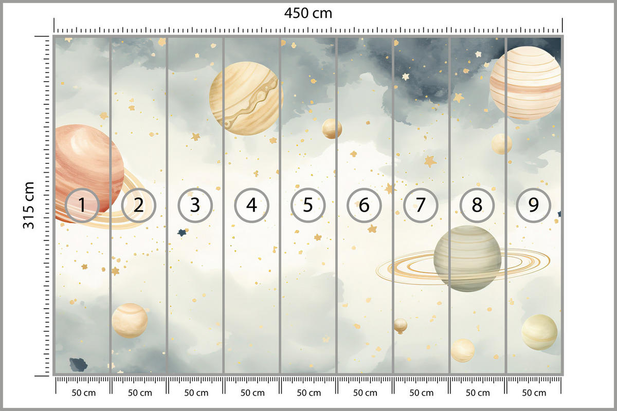 FOTOTAPETE für Kinderzimmer Pastell Planeten Saturn Uran Sterne 450x315 - Blau/Ecru, Papier (450/315cm) - Muralo