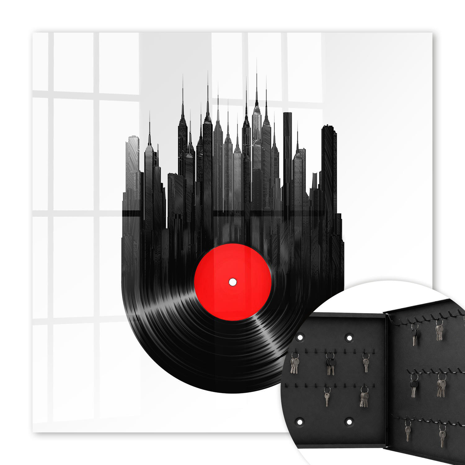 SCHLÜSSELBOX Schwarz 30x30 cm- Türöffnung nach rechts - Musik der Stadt - Schwarz, Metall (30/30/5cm) - TULUP