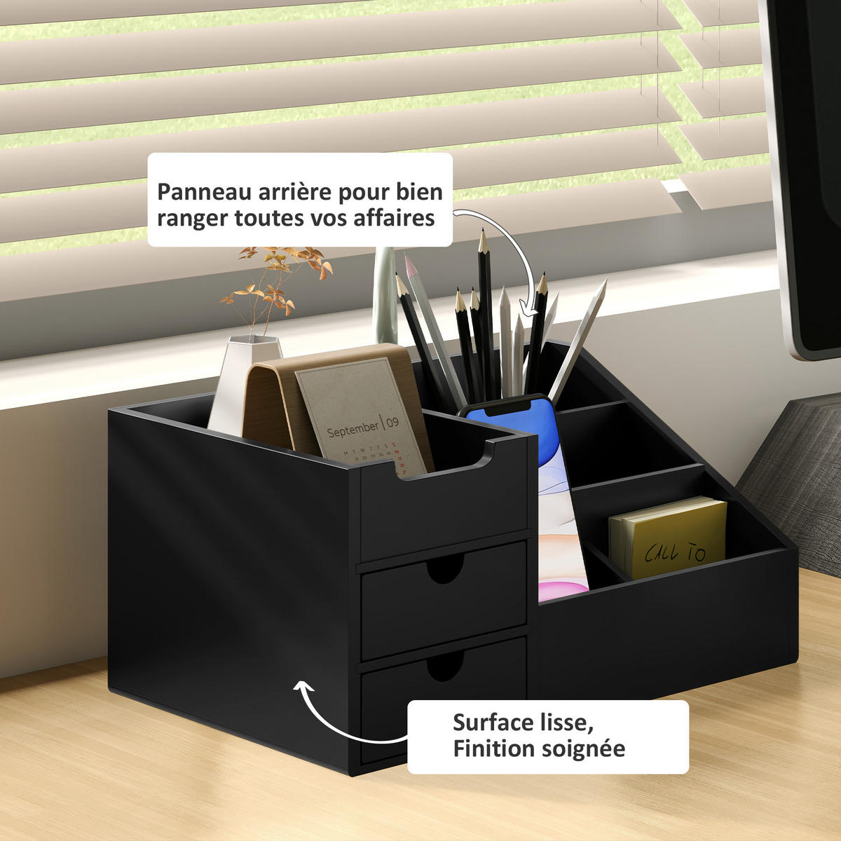 SCHREIBTISCHORGANISATOR DE-16706 Schwarz - Schwarz, Naturmaterialen (20/15/33cm) - ComfortXL
