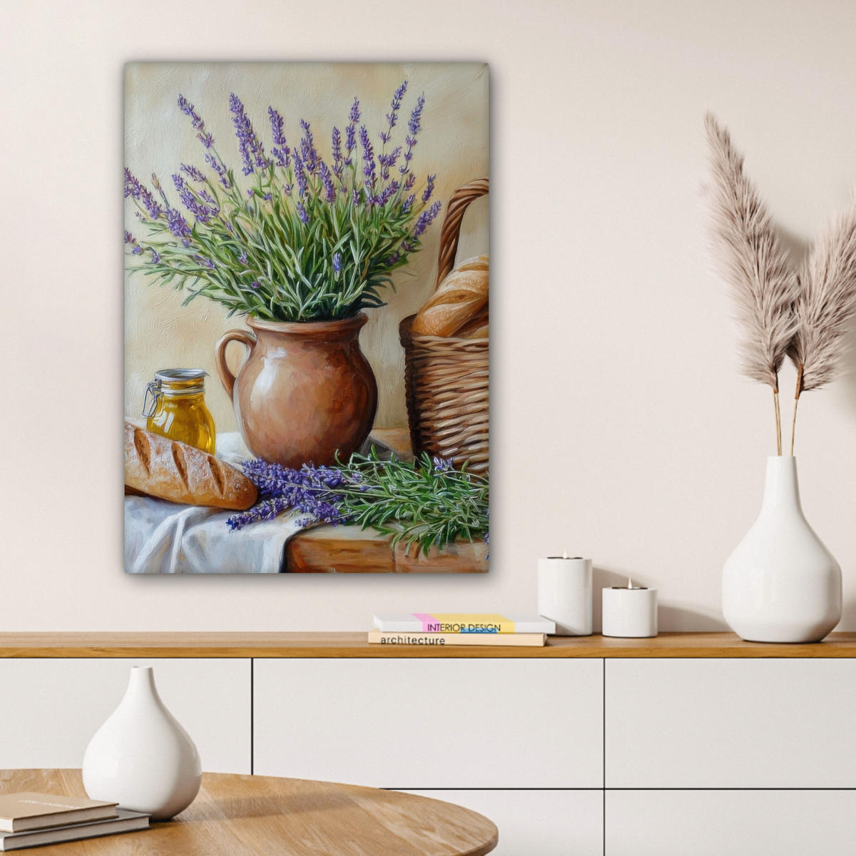 LEINWANDBILD Lavendel - Brot - Stilleben 60x80 cm - Flieder, Textil (60/80cm) - MuchoWow