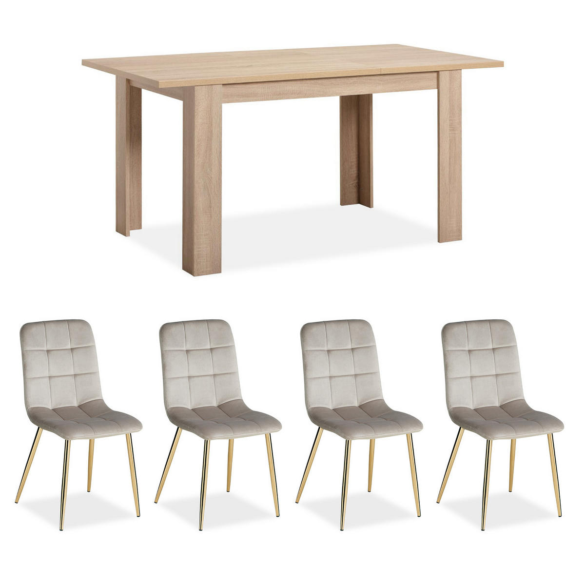 TISCHGRUPPE 120-153 cm ausziehbar mit 4 Stühlen Samt - Beige/Goldfarben, Holz/Textil (80/88/120cm) - Homestyle4u