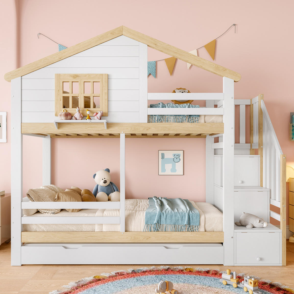 ETAGENBETT 90x200cm Weiß + Natur Ausziehbett Stauraumleiter Fenster - Multicolor, Holz (90/200cm) - FLIEKS