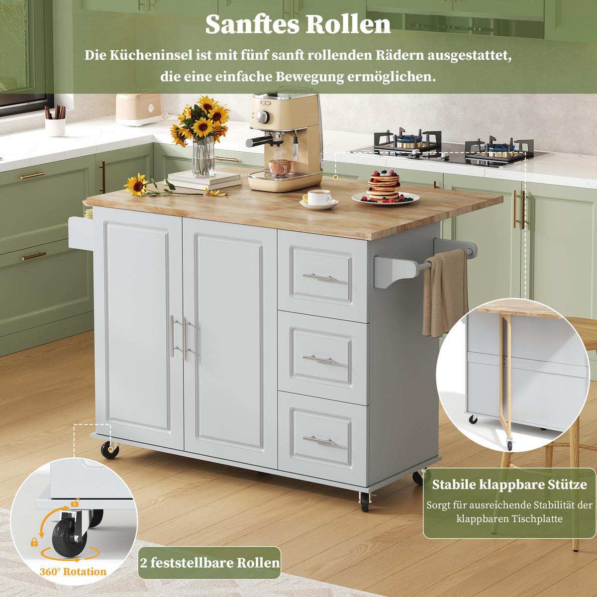 KÜCHENINSEL 137x76x92cm Grau mit Klappplatte, Schrank, 3 Schubladen & Rollen - Grau, Holzwerkstoff (137/92/76cm) - Modfu