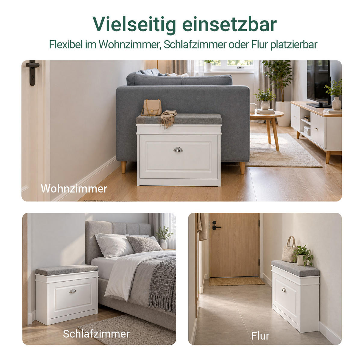 SCHUHBANK, Weiß, 60x51x24 cm, Klappe für 4 Paar, graues Sitzpolster, bis 150 kg, schmal für Flur & Diele - Weiß, Holzwerkstoff (60/51/24cm) - SoBuy