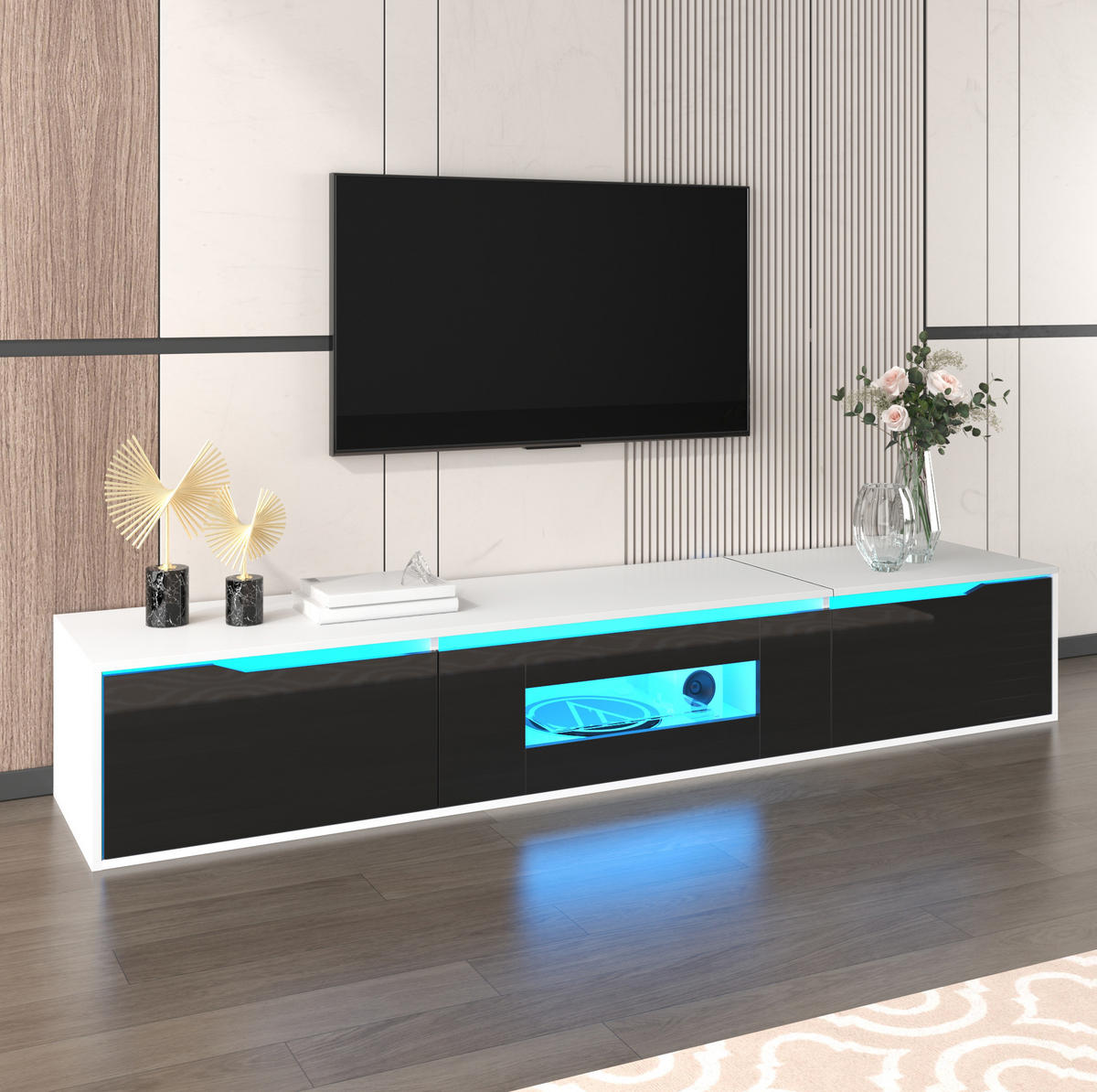 TV-SCHRANK 180/30/35 cm weiß Hochglanz mit LED-Beleuchtung, 16 Farben - Schwarz, Holzwerkstoff (180/35/30cm) - OKWISH