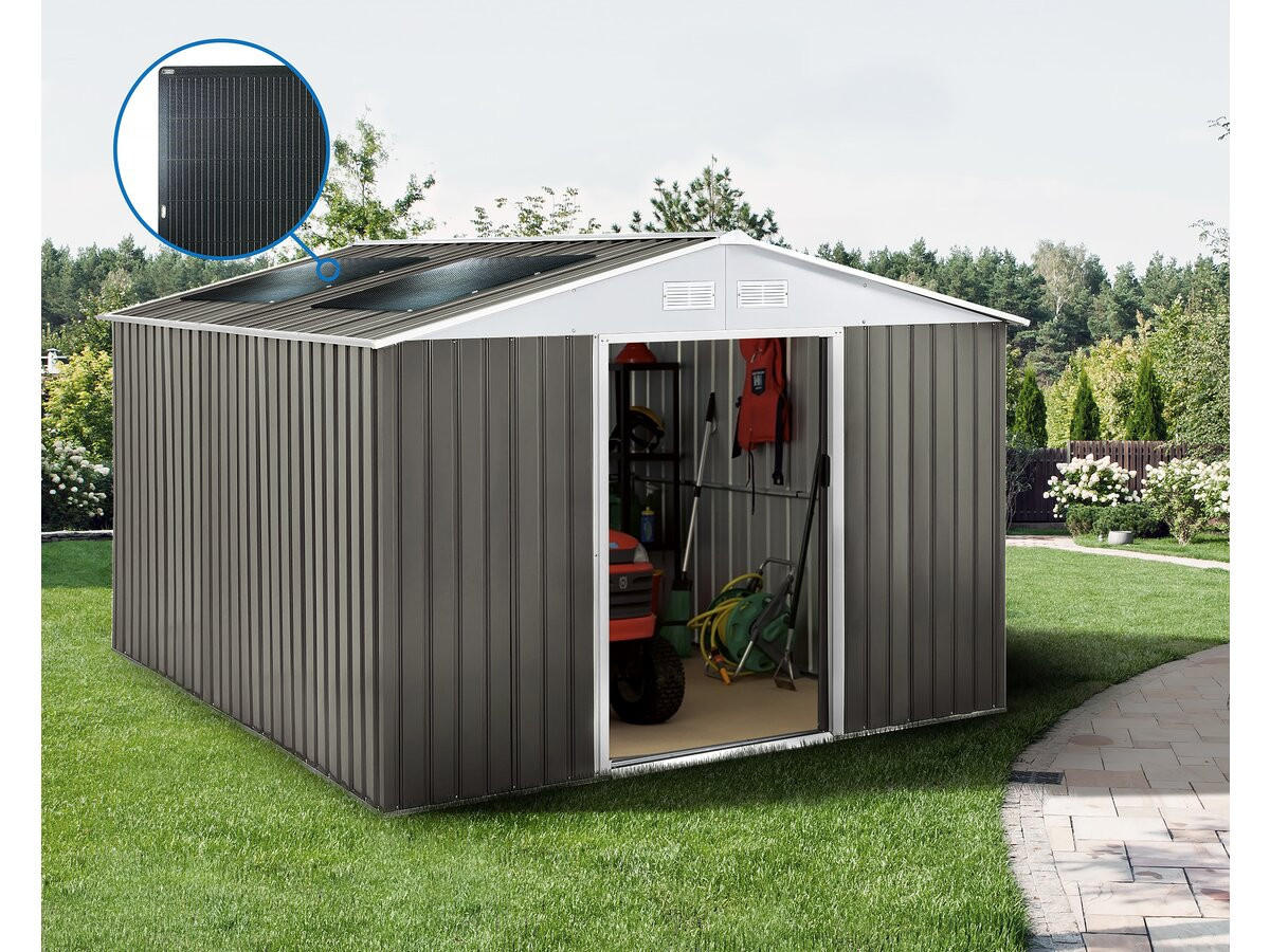 GERÄTESCHUPPEN AUS METALL Dallas mit Solarpanel Taupe - Taupe, Metall (446/210/340cm) - Habitat Garten