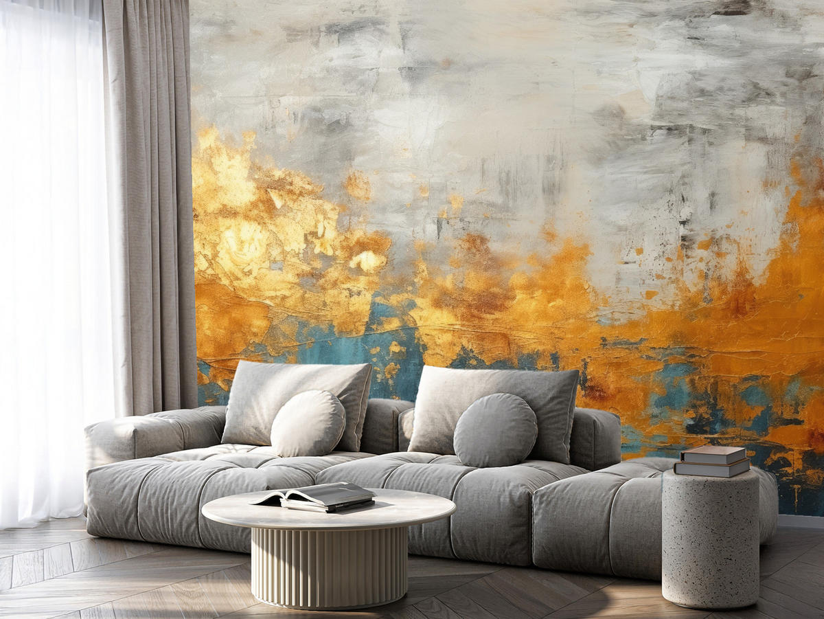 FOTOTAPETE für Badezimmer Abstrakter Beton Gold Mauer 350x256 - Türkis/Goldfarben, Papier (350/256cm) - Muralo