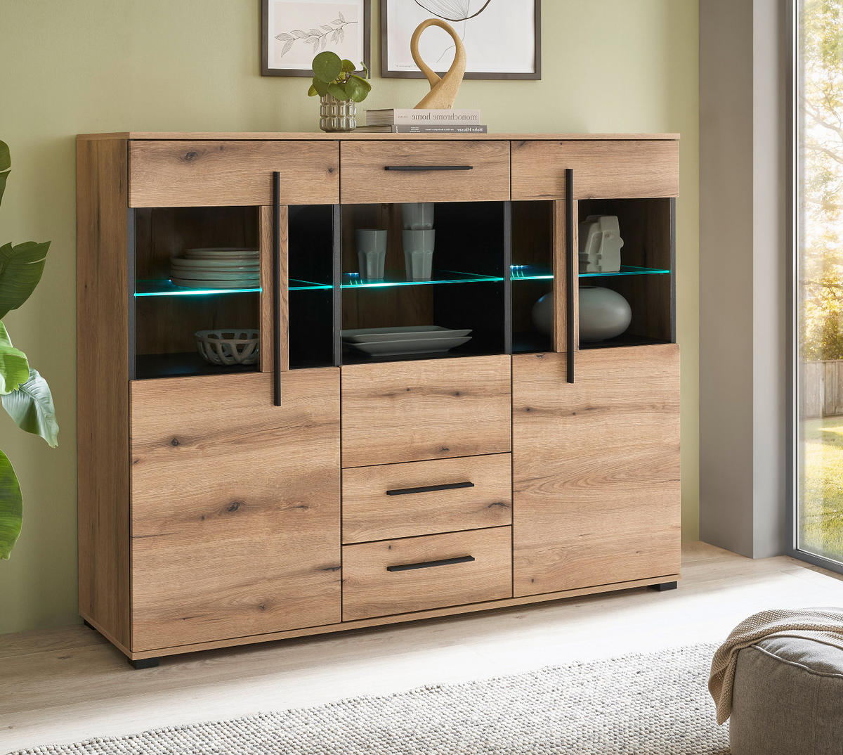 HIGHBOARD Eiche Evoke, Anrichte 160 cm mit Beleuchtung - Eichefarben/Schwarz, Glas/Holzwerkstoff (160/126/42cm) - Furn.Design