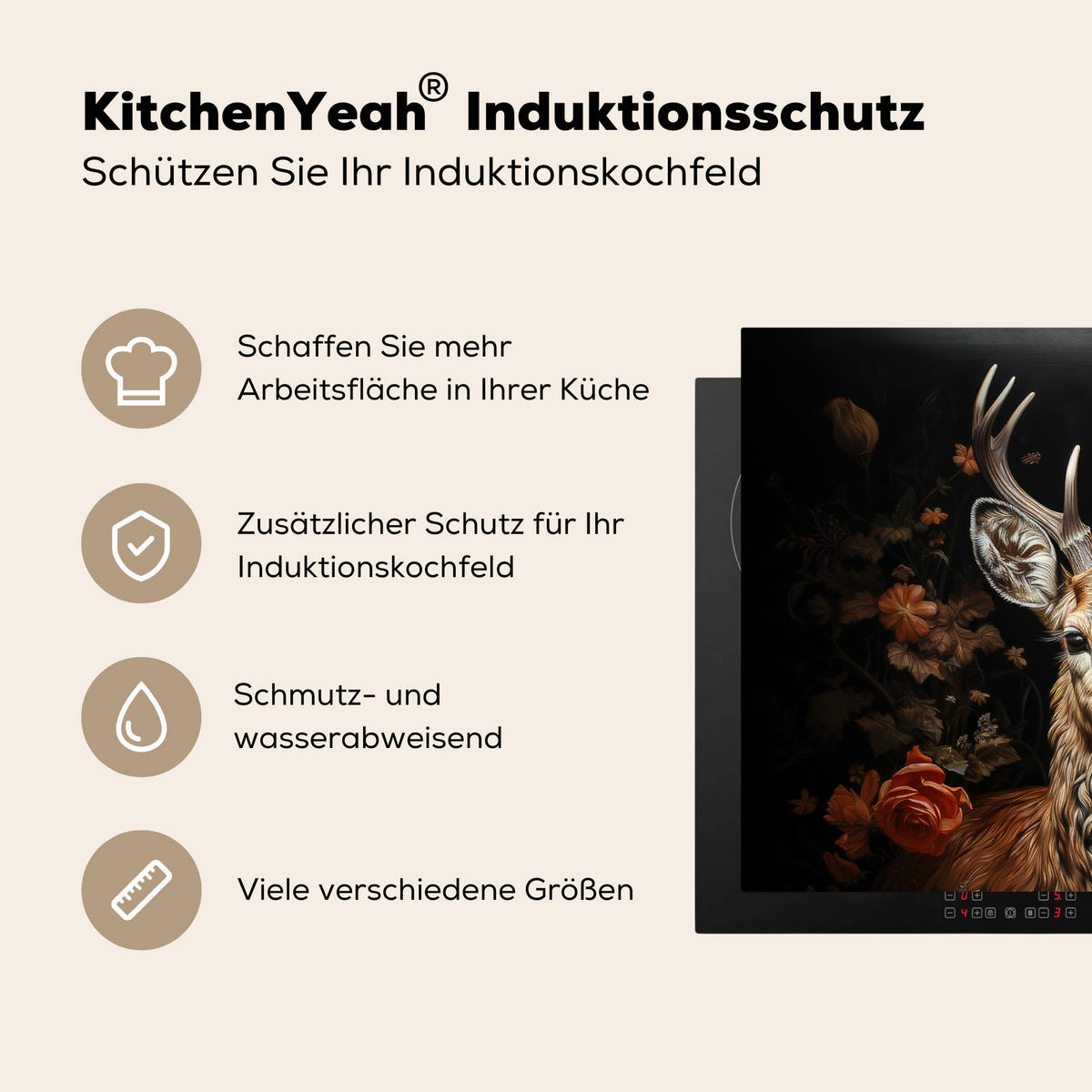 HERDABDECKPLATTE Hirsch - Tier - Blumen - Natur - Botanisch 71x52 cm - Kupferfarben, Kunststoff (71/52/0.2cm) - MuchoWow