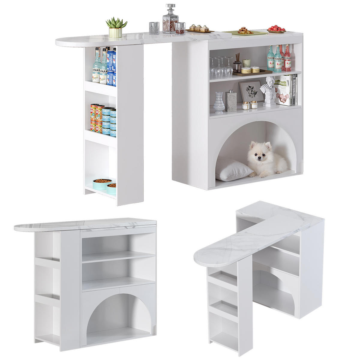 BARTISCH aus MDF 120(+80)x40x100 cm Weiß ausziehbar mit offenem Stauraum und integriertem Haustierbereich - Weiß, Holzwerkstoff (40/120/100cm) - Modfu