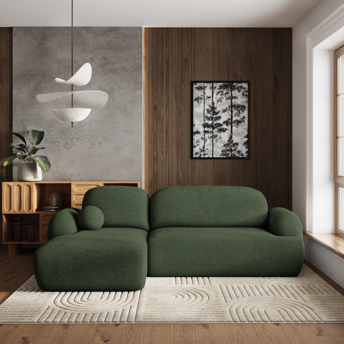 ECKSOFA MODENZA N L-S Grün Boucle-Stoff mit Schlaffunktion - Schwarz/Grün, Holz/Kunststoff (266/148cm) - MASSENO