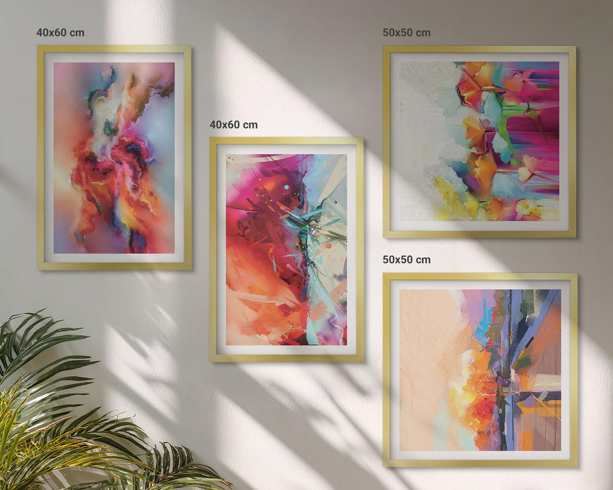 BILDER SET 4er Set - 50x50 cm & 40x60 cm Goldrahmen - Farbenfrohe Abstraktionen der Form - Goldfarben, Kunststoff (50/50cm) - TULUP