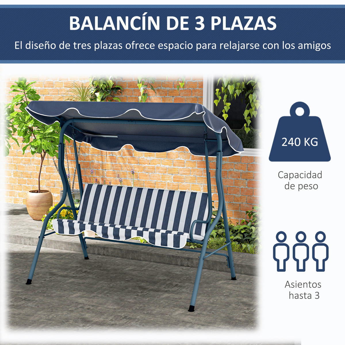 OUTDOOR-SCHAUKEL, verstellbar Stahlrahmen Sonnendach, blau - Blau, Metall (52.5/14.5/138.5cm) - Vallsero