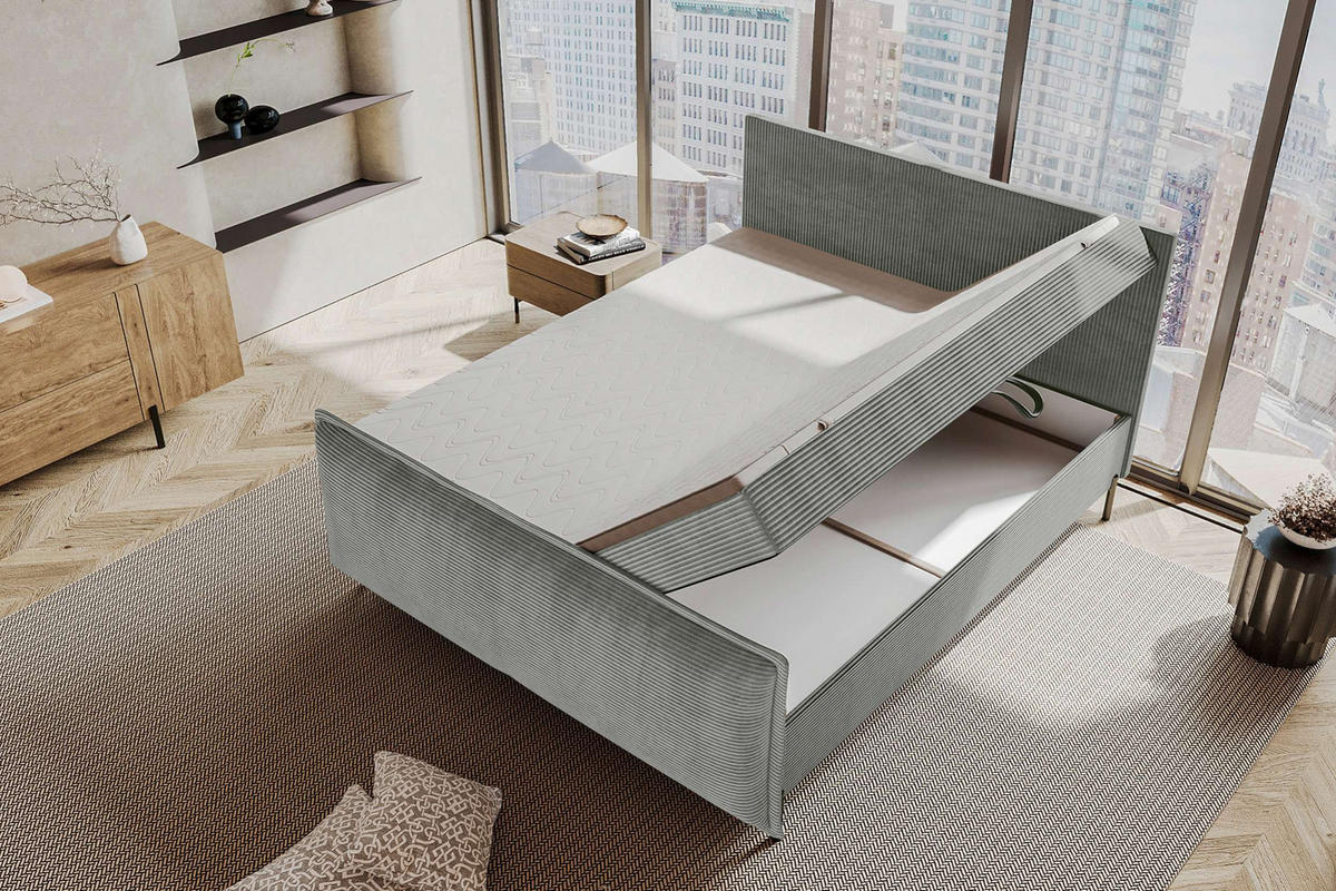 BOXSPRINGBETT VERO PLUS Cordstoff Hellgrau 140/200 cm - Hellgrau/Schwarz, Holzwerkstoff/Textil (140/200cm) - 99rooms