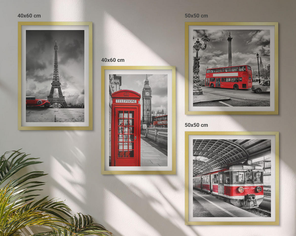 BILDER SET 4er Set - 50x50 cm & 40x60 cm Goldrahmen - Ikonische Städte London Paris Eisenbahn - Goldfarben, Kunststoff (50/50cm) - TULUP