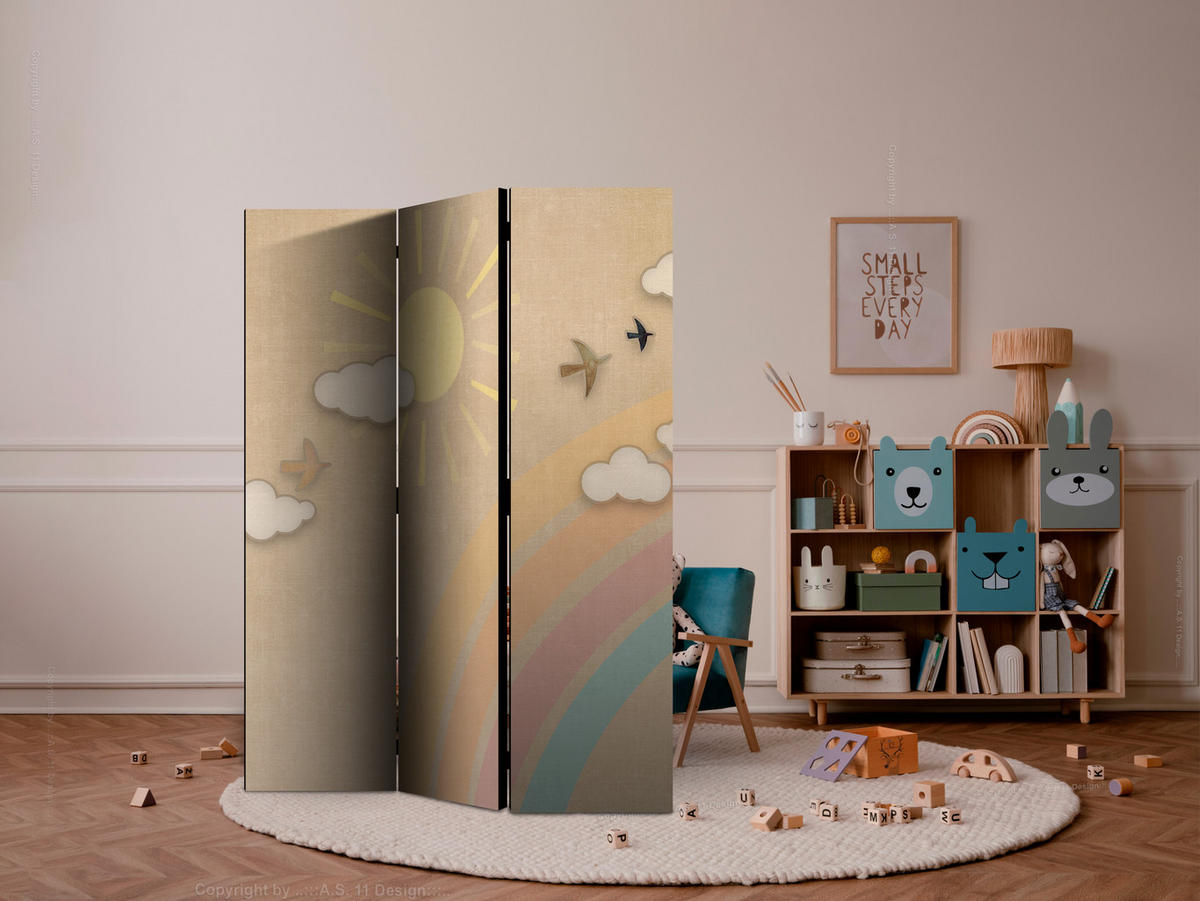 PARAVENT Einseitig Bedruckter 3-tlg 135x172 cm Regenbogen Sonne Boho - Beige, Holz/Textil (135/172/3cm) - Muralo