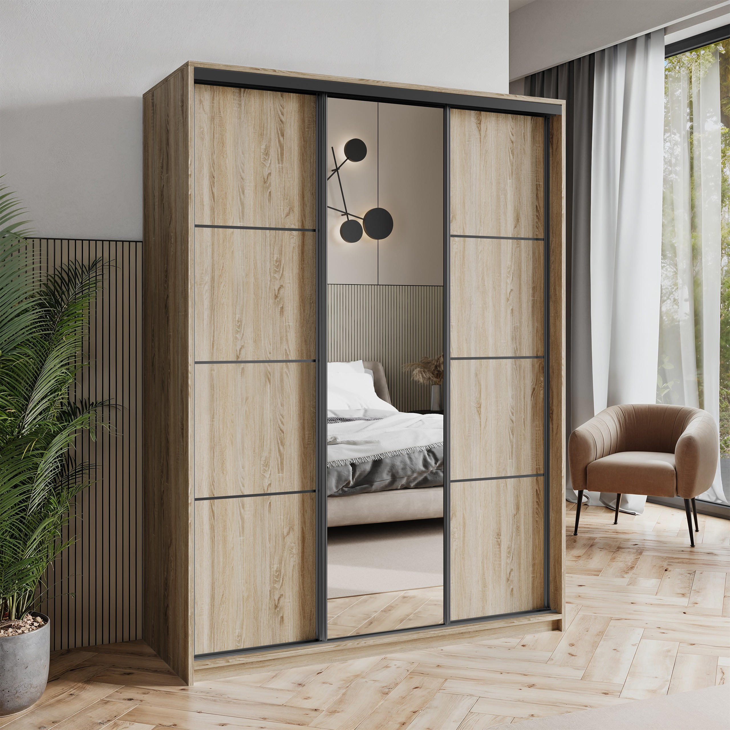 SCHWEBETÜRENSCHRANK VARO 150/205/60 cm 3-türig mit Spiegel Sonoma Eiche - Sonoma Eiche, Holzwerkstoff (150/205/60cm) - MASSENO