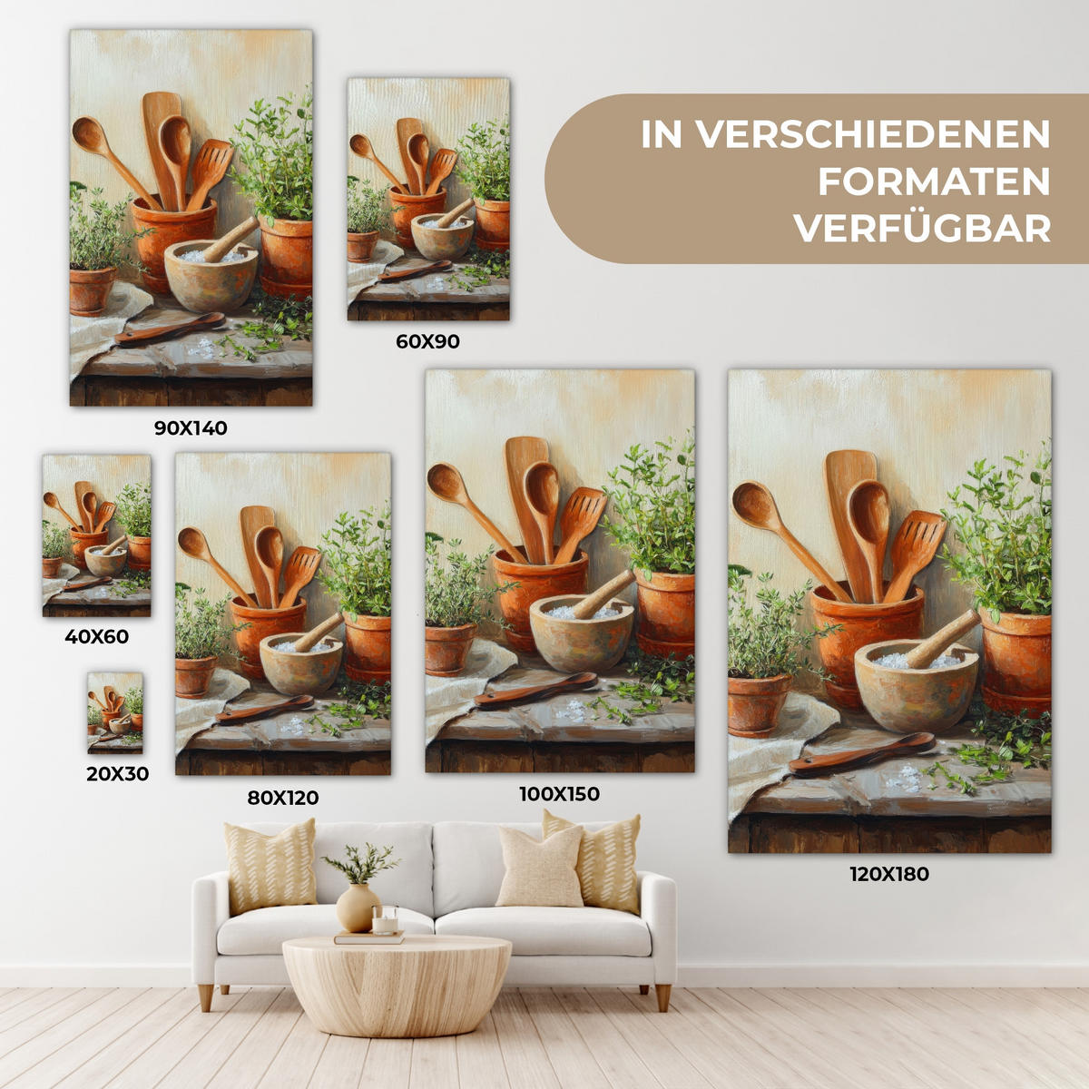 LEINWANDBILD Töpfe - Kräuter - Holz 90x140 cm - Terracotta, Textil (90/140cm) - MuchoWow