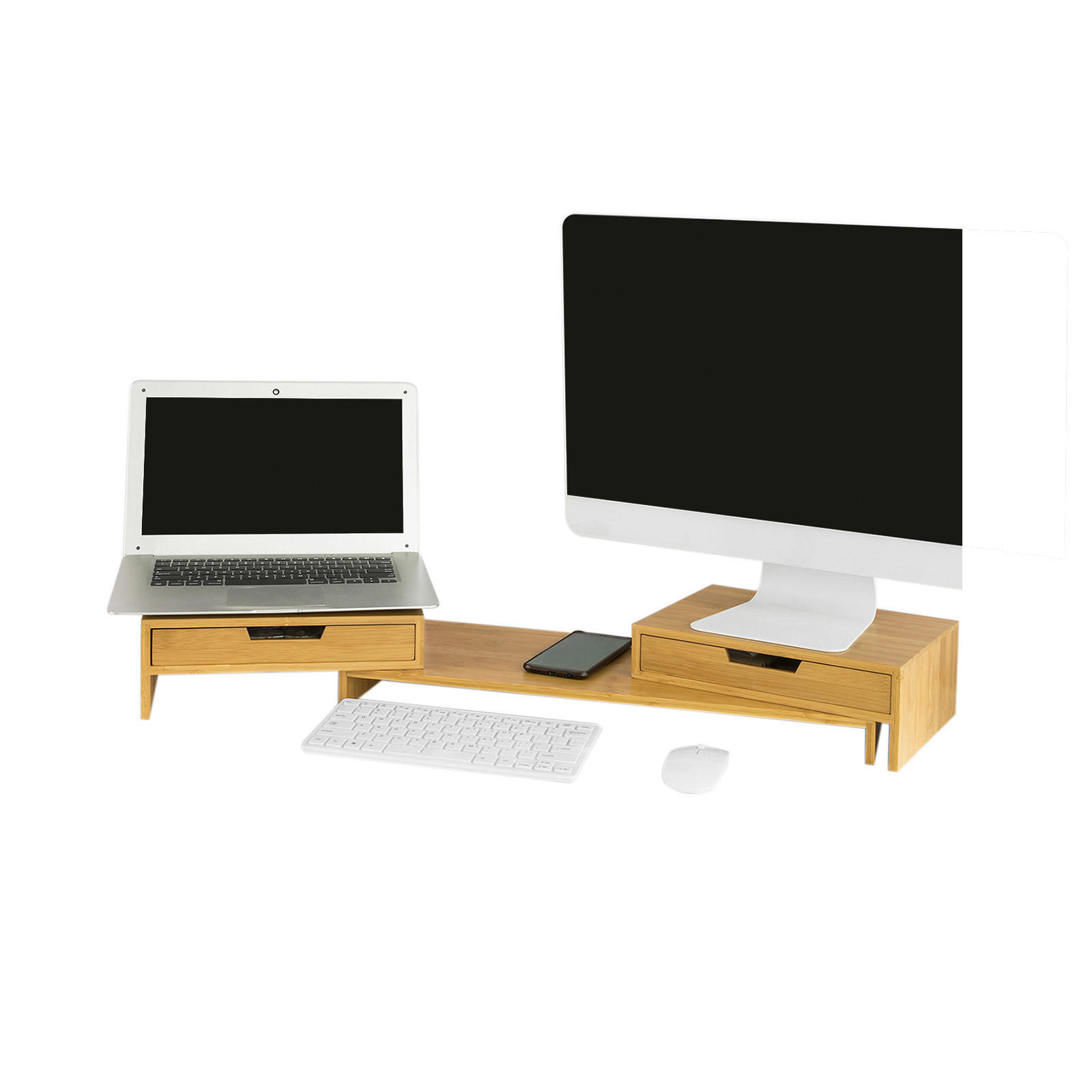 SoBuy STOJAN NA MONITOR se třemi zásuvkami Bambus 51x25x11.5cm Minimalistický