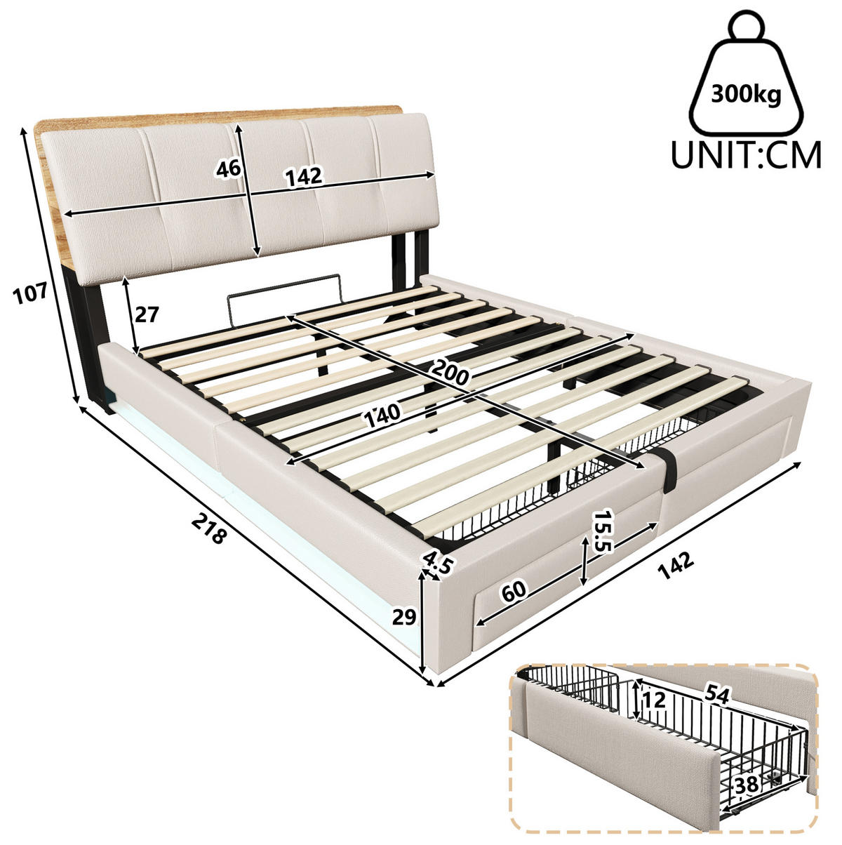 POLSTERBETT 140/200 cm aus Leinen und MDF mit LED-Beleuchtung USB Typ-C und Stauraum Beige - Beige, Textil (140/200cm) - Modenvie