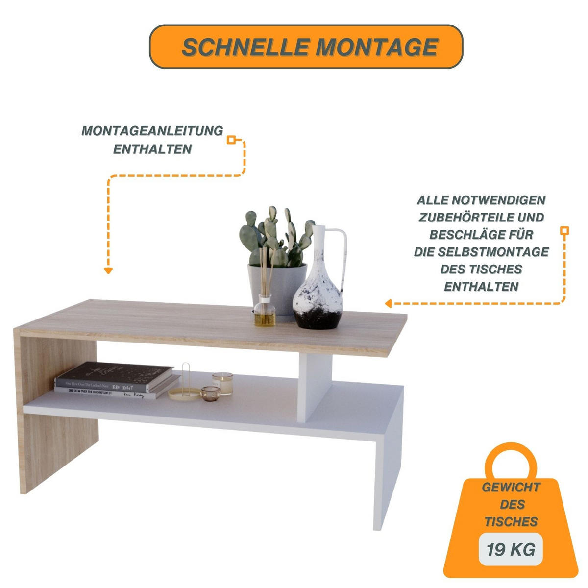 COUCHTISCH Holzwerkstoff rechteckig stabil Sonoma Eiche 50/45/93cm - Weiß/Sonoma Eiche, Holzwerkstoff (50/93/45cm) - CraftPAK