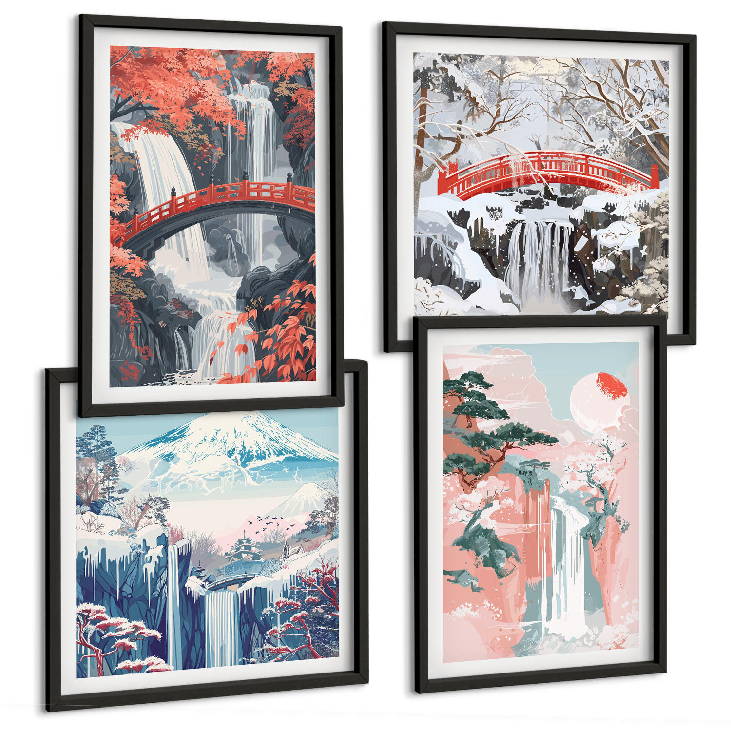 BILDER SET 4er Set - 50x50 cm & 40x60 cm Schwarzer Rahmen - Wasserfälle, Brücken, Bäume, Jahreszeiten - Schwarz, Kunststoff (50/50cm) - TULUP