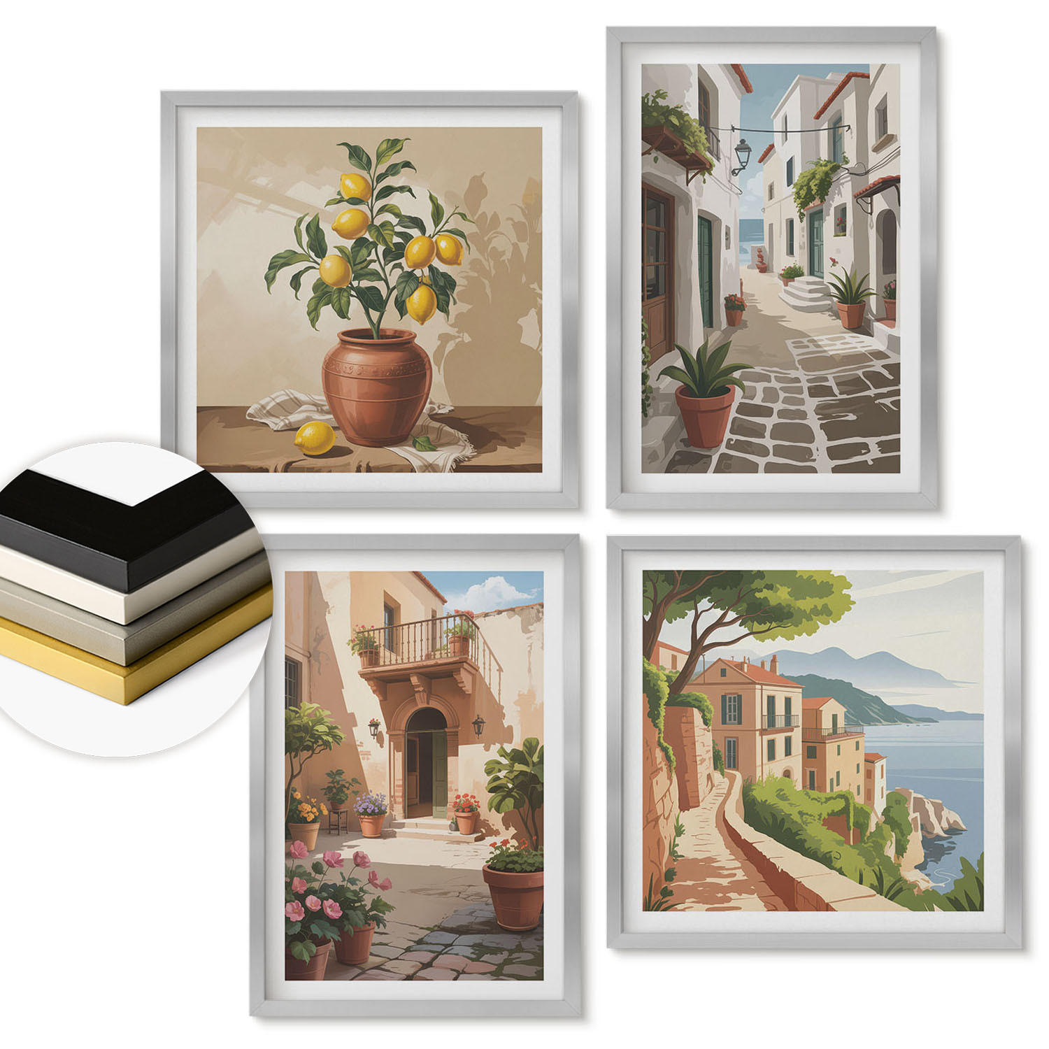 WANDBILDER 4er Set - 50x50 cm & 40x60 cm Silberner Rahmen - Straßen, Häuser, Pflanzen, Töpfe - Silberfarben, Kunststoff (50/50cm) - ArtPrintCave