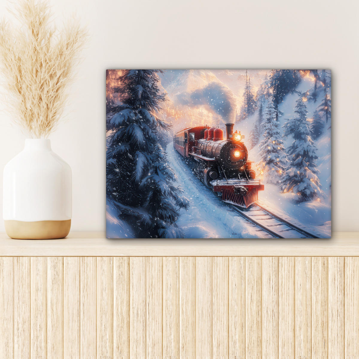 LEINWANDBILD Weihnachtszug - Schnee - Winter - Weihnachten 40x30 cm - Dunkelrot, Textil (40/30cm) - MuchoWow