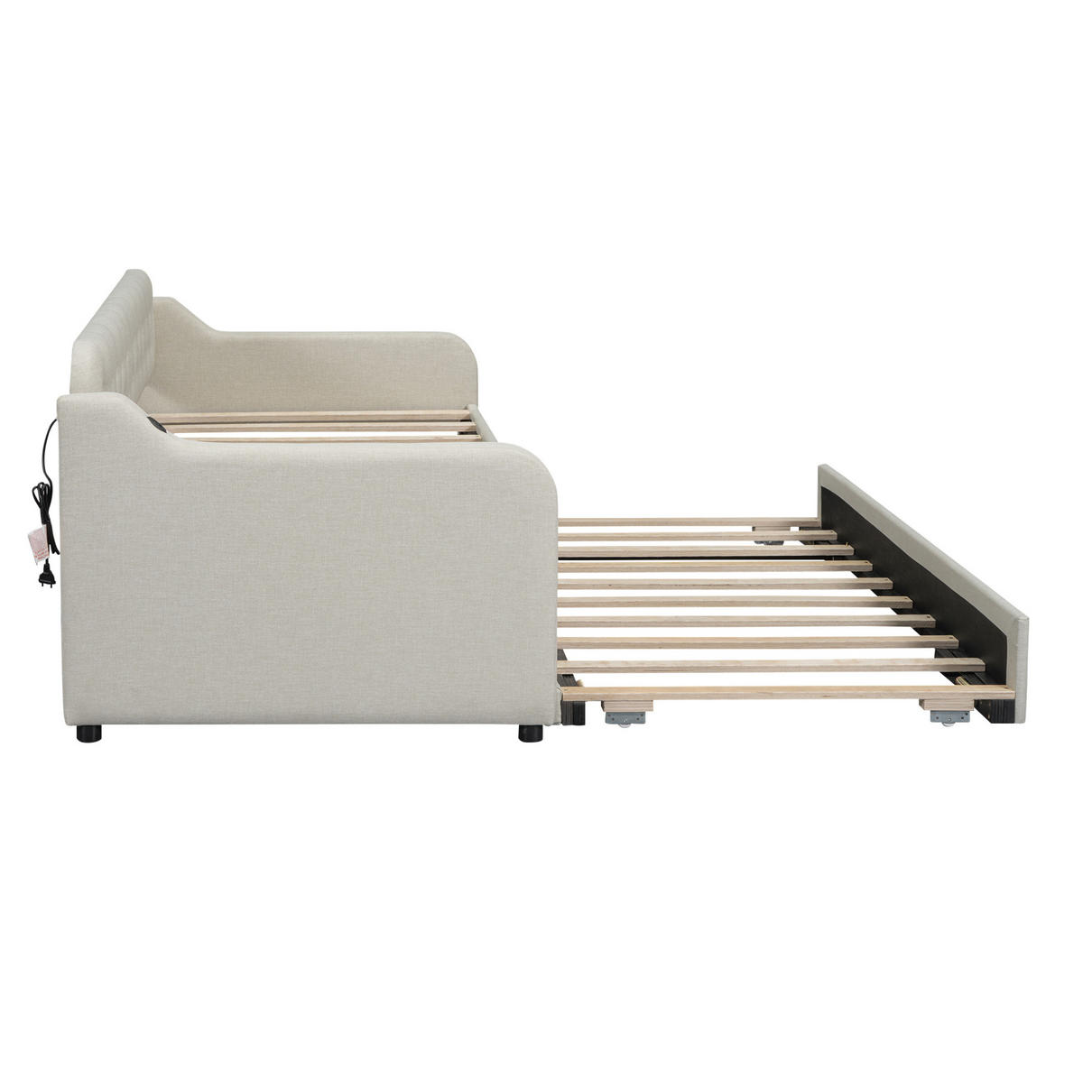 TAGESBETT 90/200 cm mit ausziehbarem Rollbett und USB-Anschluss, Beige - Beige, Textil (90/200cm) - Redom