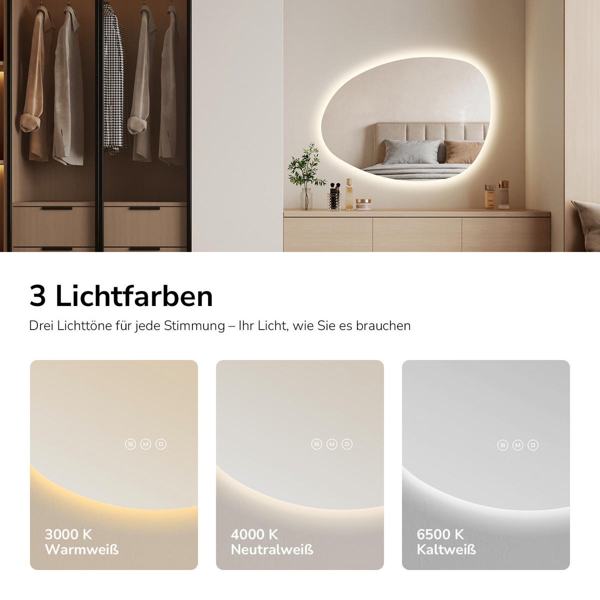 BADSPIEGEL asymmetrisch mit LED-Beleuchtung, Antibeschlag, 55/75 cm - Transparent, Glas (55/75/2.5cm) - EMKE