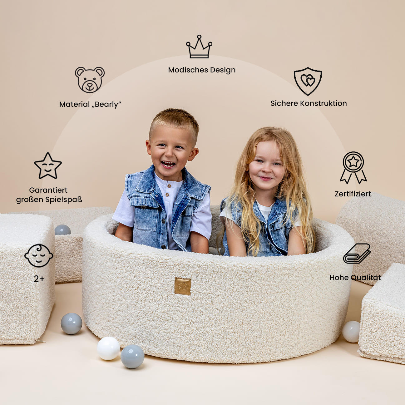 BÄLLEBAD für Kinder, Bearly, Creme - Koralle/Silberfarben, Textil (90/90/30cm) - MeowBaby