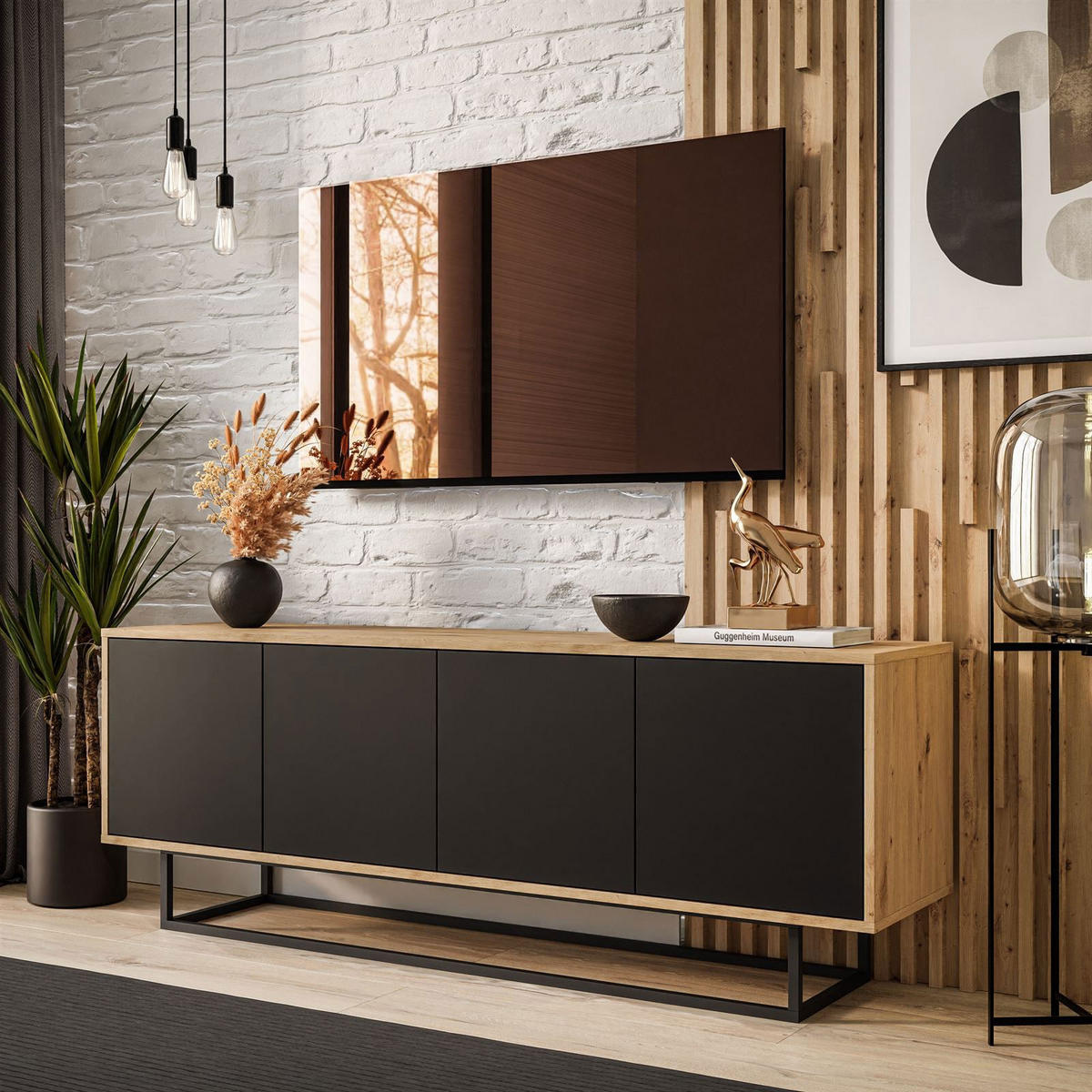 TV-ELEMENT SANAYI II Eiche Artisan/Schwarz auf Metallgestell - Schwarz, Holzwerkstoff (156/56/38cm) - Lookway
