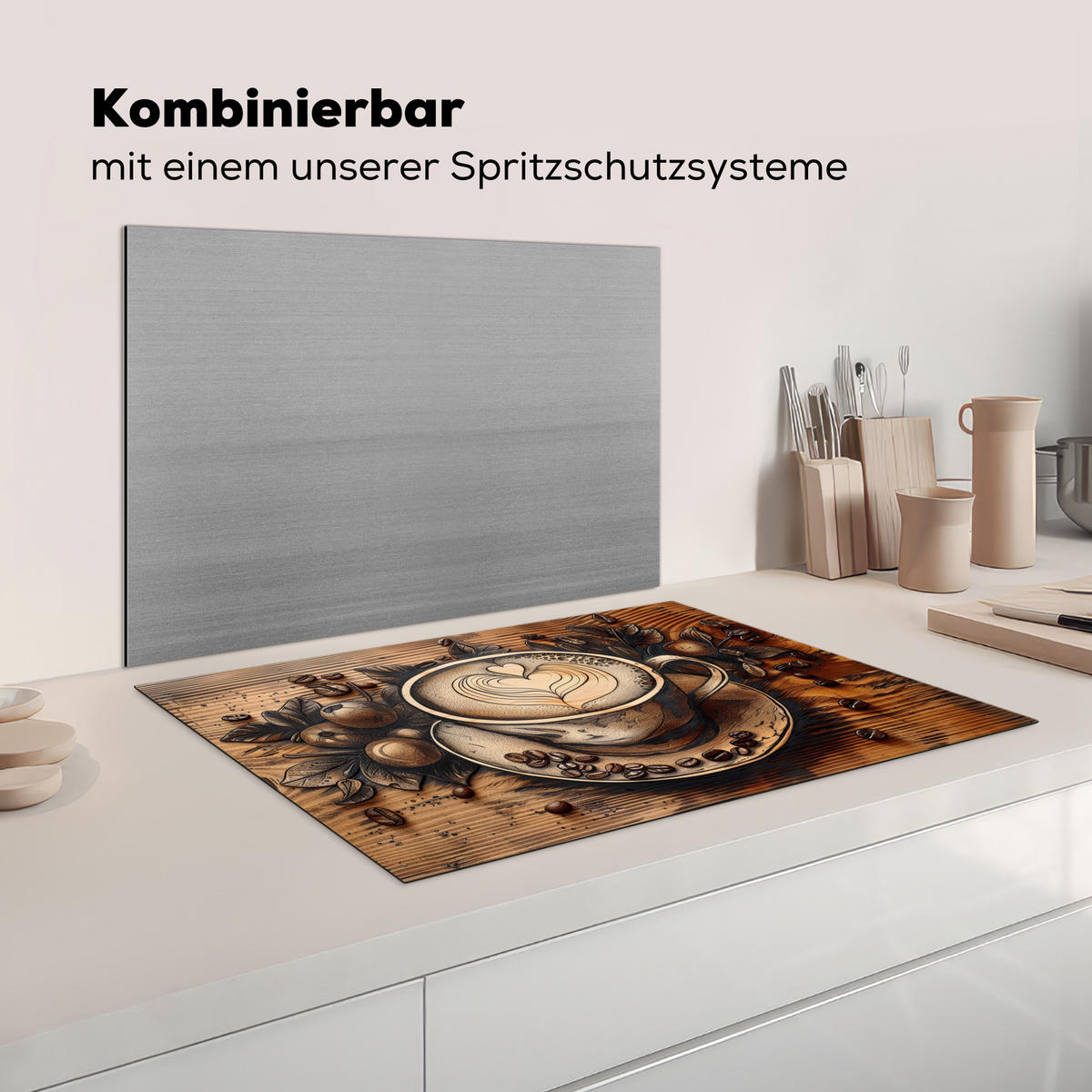 KRYT NA INDUKČNÍ DESKU Káva - Vintage - hnědá - šálek - dřevo 78x52 cm - kapučínová, plast (78/52/0.2cm) - MuchoWow